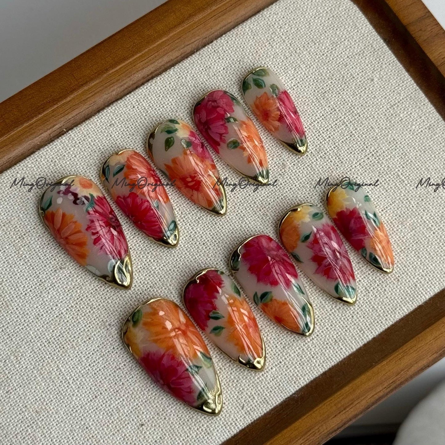 Milk Bath Floral Bloom hand-painted press on nails, pink and orange flowers, gold accents, reusable nail set, art nail, MO696