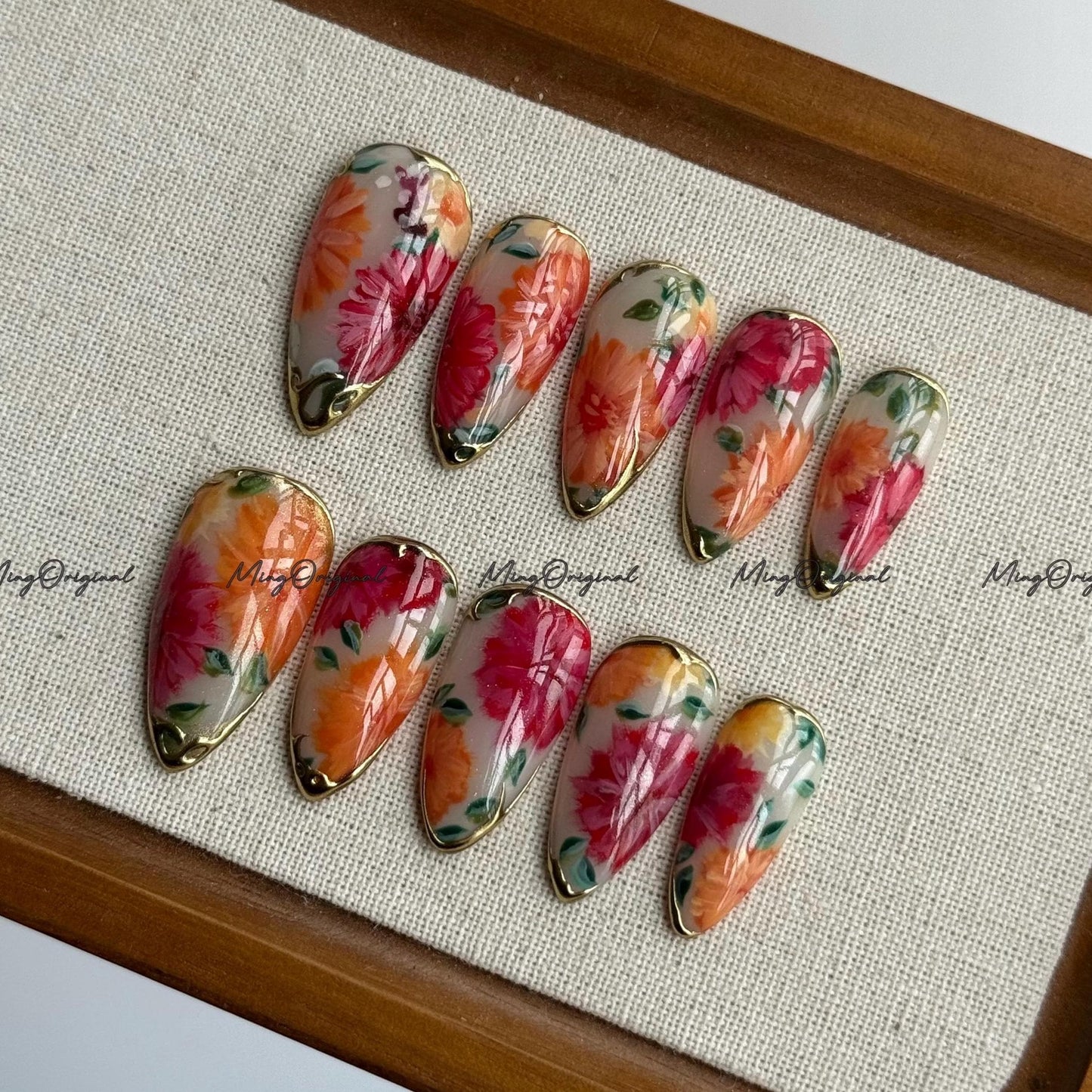 Milk Bath Floral Bloom hand-painted press on nails, pink and orange flowers, gold accents, reusable nail set, art nail, MO696