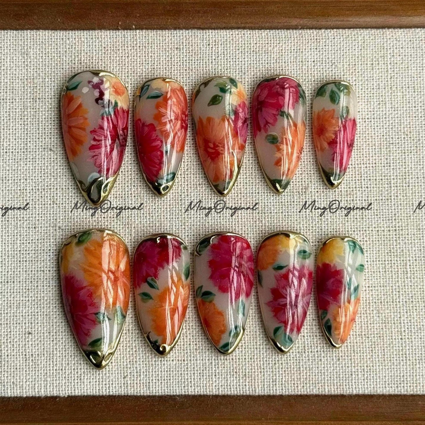 Milk Bath Floral Bloom hand-painted press on nails, pink and orange flowers, gold accents, reusable nail set, art nail, MO696
