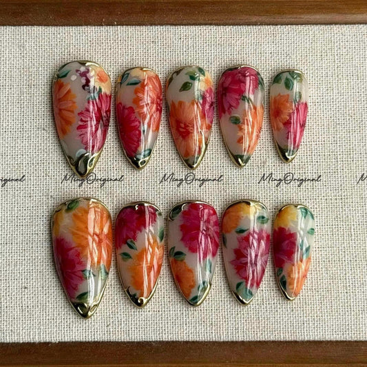 Milk Bath Floral Bloom hand-painted press on nails, pink and orange flowers, gold accents, reusable nail set, art nail, MO696