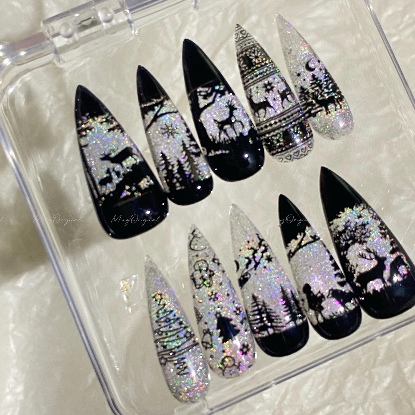 Christmas Rainbow Black Stained Glass Window Glittery press on nails, Sparkling Cat Eye, Retro Shadow Girl and Deer hand painted nail, MO720