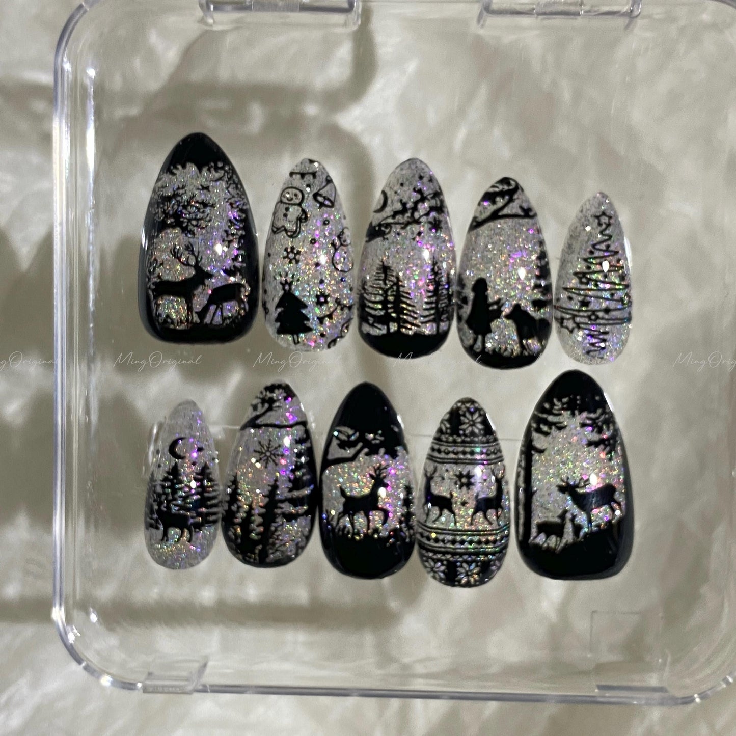 Christmas Rainbow Black Stained Glass Window Glittery press on nails, Sparkling Cat Eye, Retro Shadow Girl and Deer hand painted nail, MO720