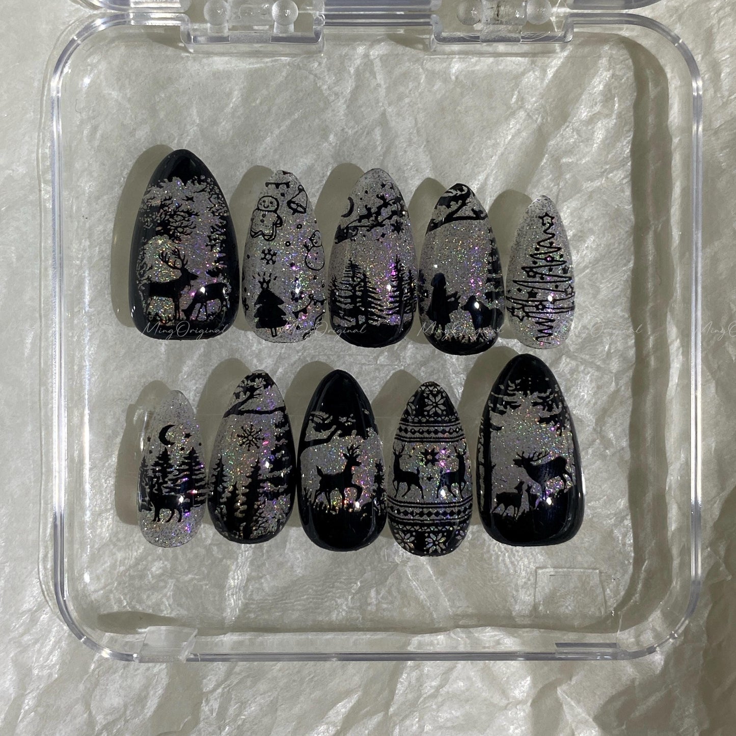 Christmas Rainbow Black Stained Glass Window Glittery press on nails, Sparkling Cat Eye, Retro Shadow Girl and Deer hand painted nail, MO720