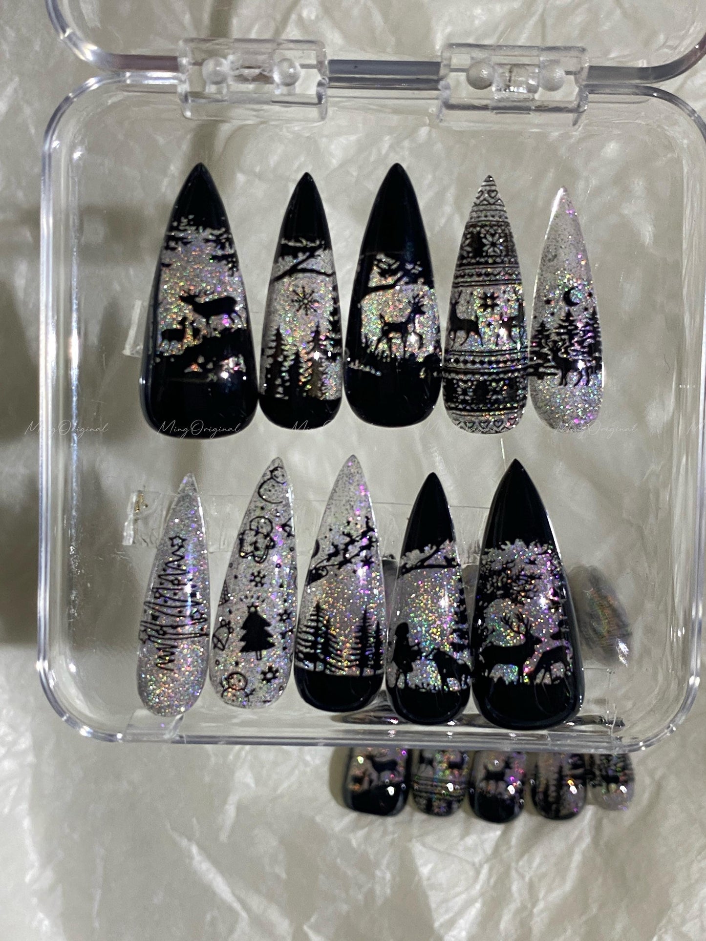 Christmas Rainbow Black Stained Glass Window Glittery press on nails, Sparkling Cat Eye, Retro Shadow Girl and Deer hand painted nail, MO720
