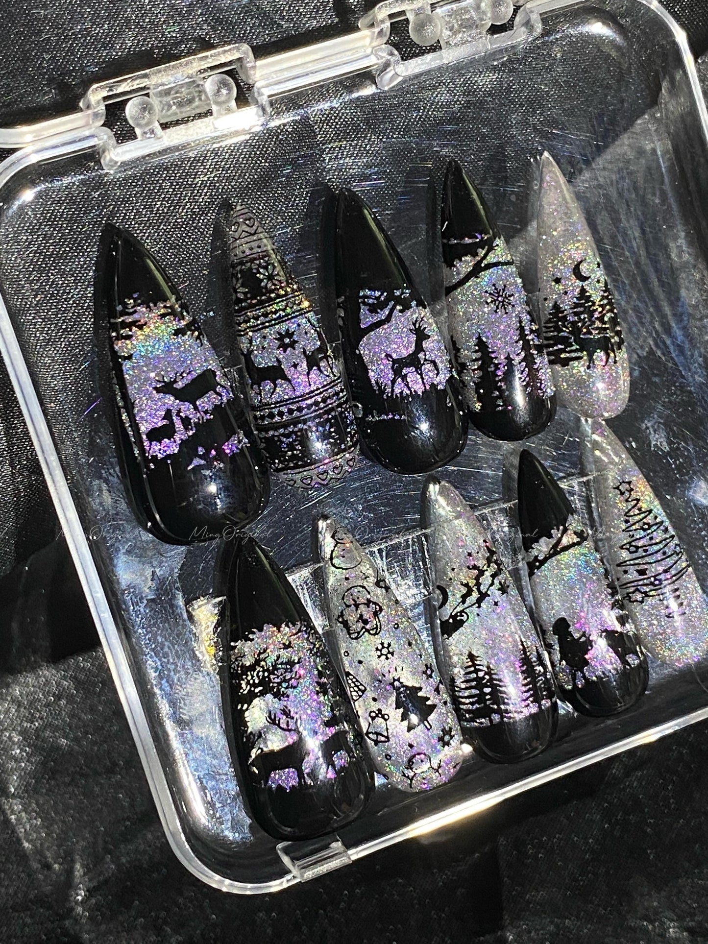 Christmas Rainbow Black Stained Glass Window Glittery press on nails, Sparkling Cat Eye, Retro Shadow Girl and Deer hand painted nail, MO720