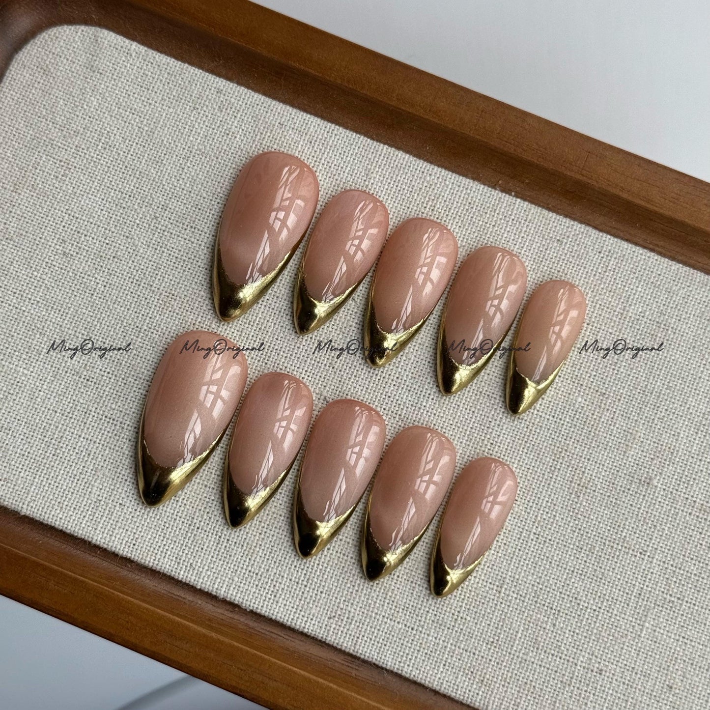 Gold Chrome Tip Press on Nails, Nude Cat Eye Classy French Tip Gold Mirror Chrome hand painted fake Nails,Everyday nail, glue on nail, MO697