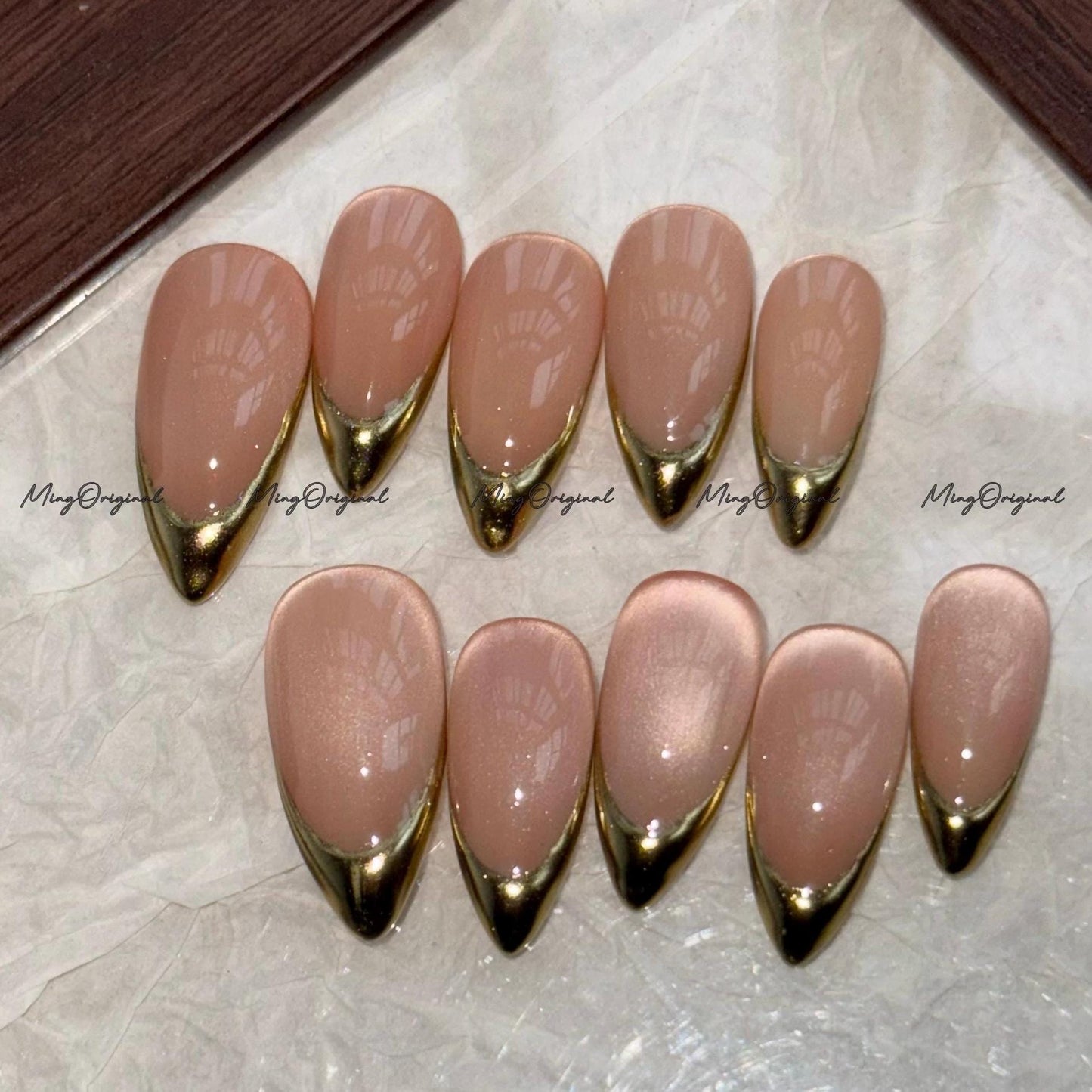 Gold Chrome Tip Press on Nails, Nude Cat Eye Classy French Tip Gold Mirror Chrome hand painted fake Nails,Everyday nail, glue on nail, MO697