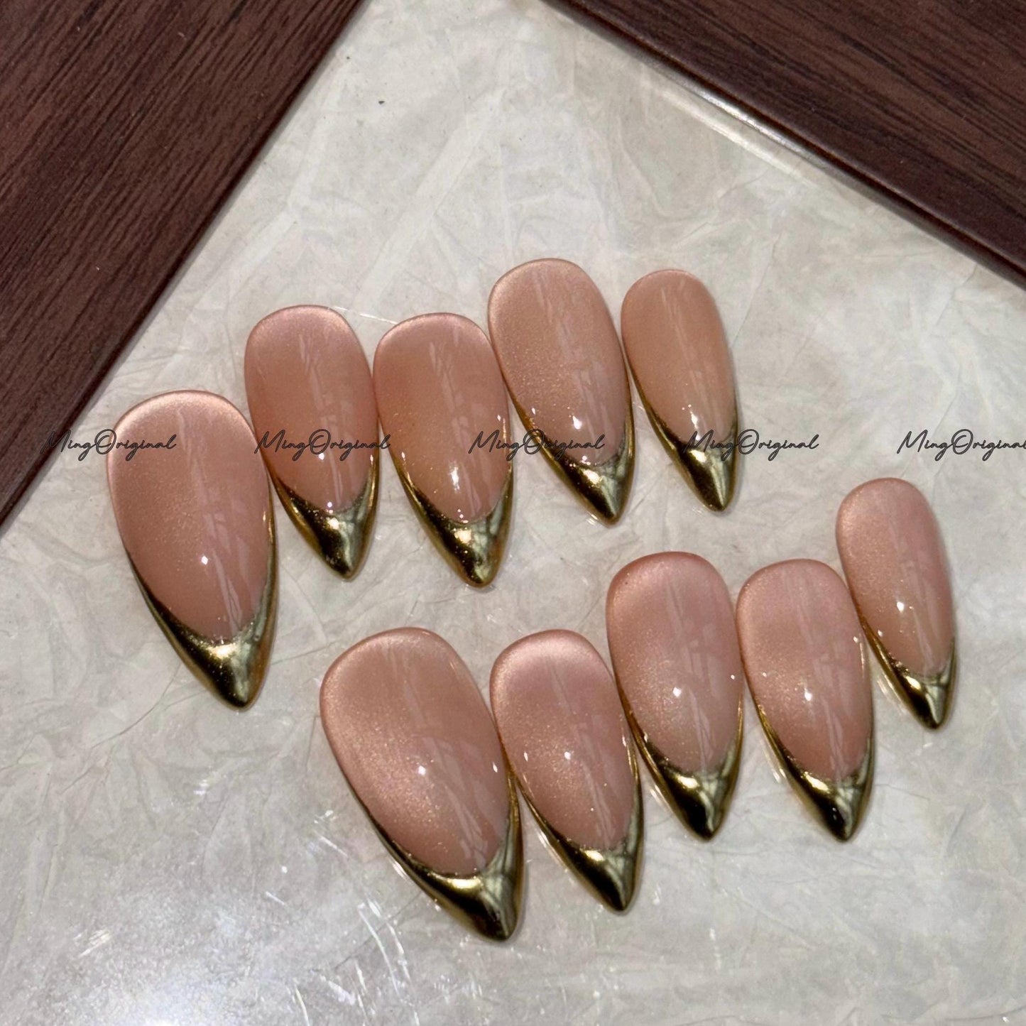 Gold Chrome Tip Press on Nails, Nude Cat Eye Classy French Tip Gold Mirror Chrome hand painted fake Nails,Everyday nail, glue on nail, MO697
