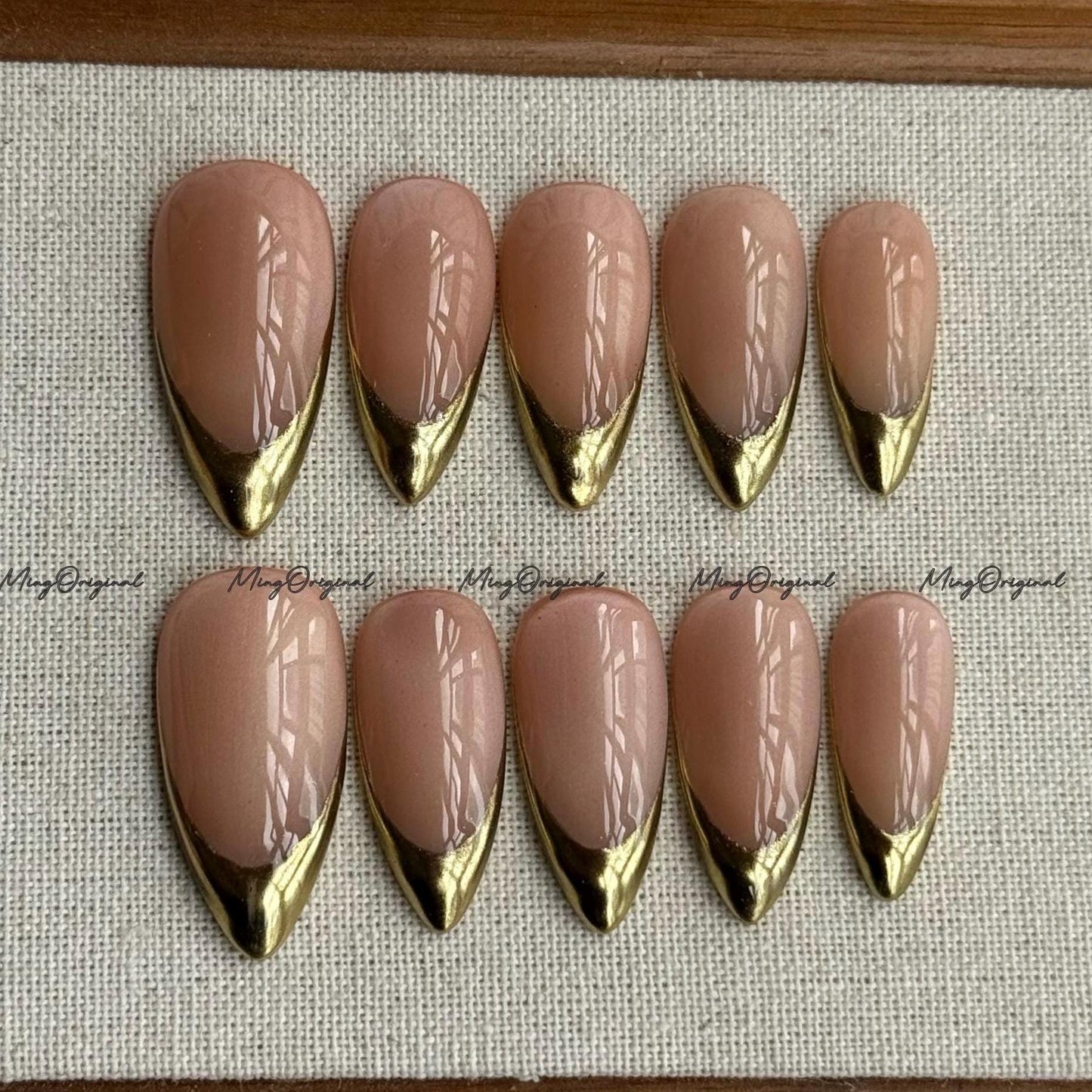 Gold Chrome Tip Press on Nails, Nude Cat Eye Classy French Tip Gold Mirror Chrome hand painted fake Nails,Everyday nail, glue on nail, MO697