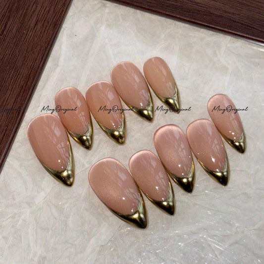 Gold Chrome Tip Press on Nails, Nude Cat Eye Classy French Tip Gold Mirror Chrome hand painted fake Nails,Everyday nail, glue on nail, MO697