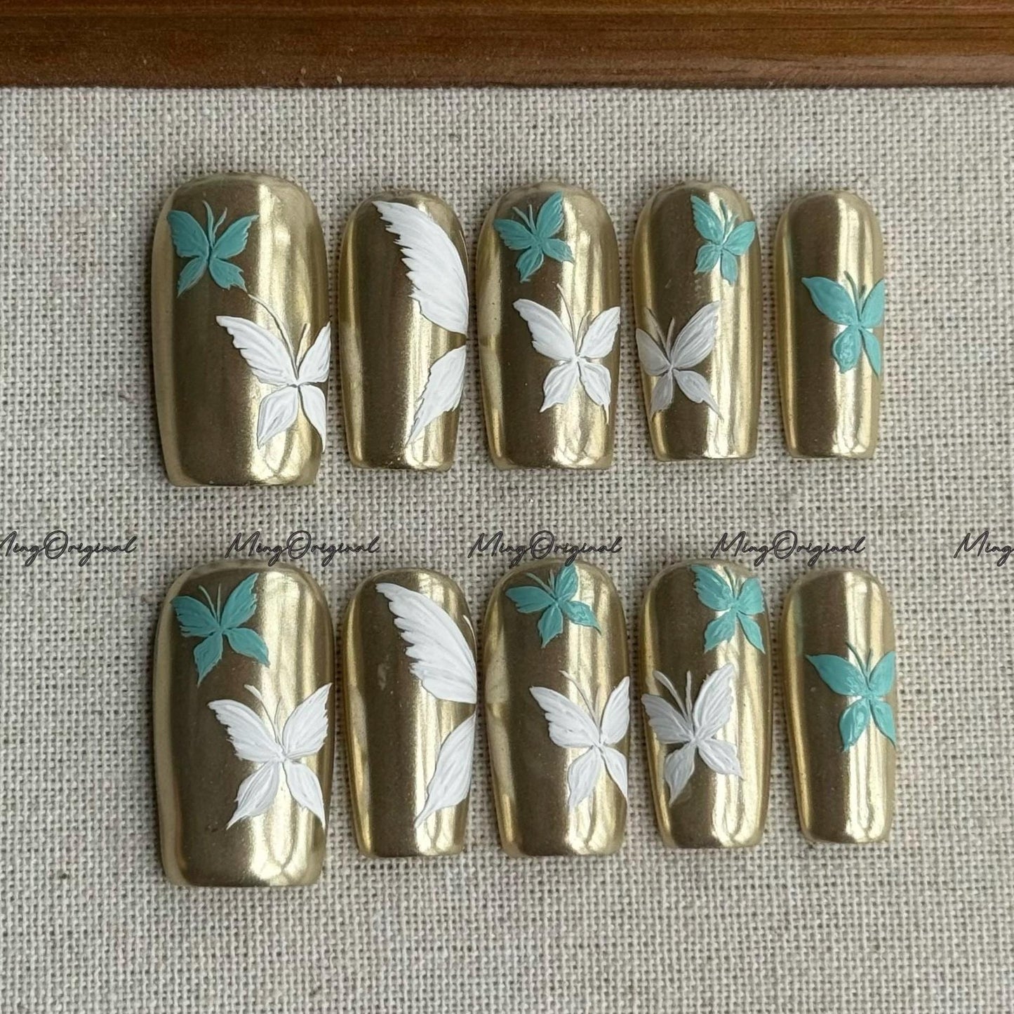 Gilded Wings | gold and teal butterfly press on nails, Gold Mirror Chrome, hand-painted nail art, elegant design, MO698