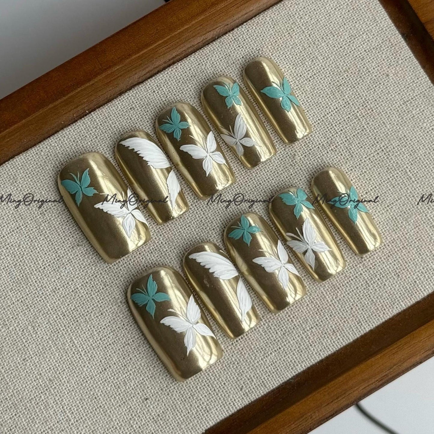 Gilded Wings | gold and teal butterfly press on nails, Gold Mirror Chrome, hand-painted nail art, elegant design, MO698