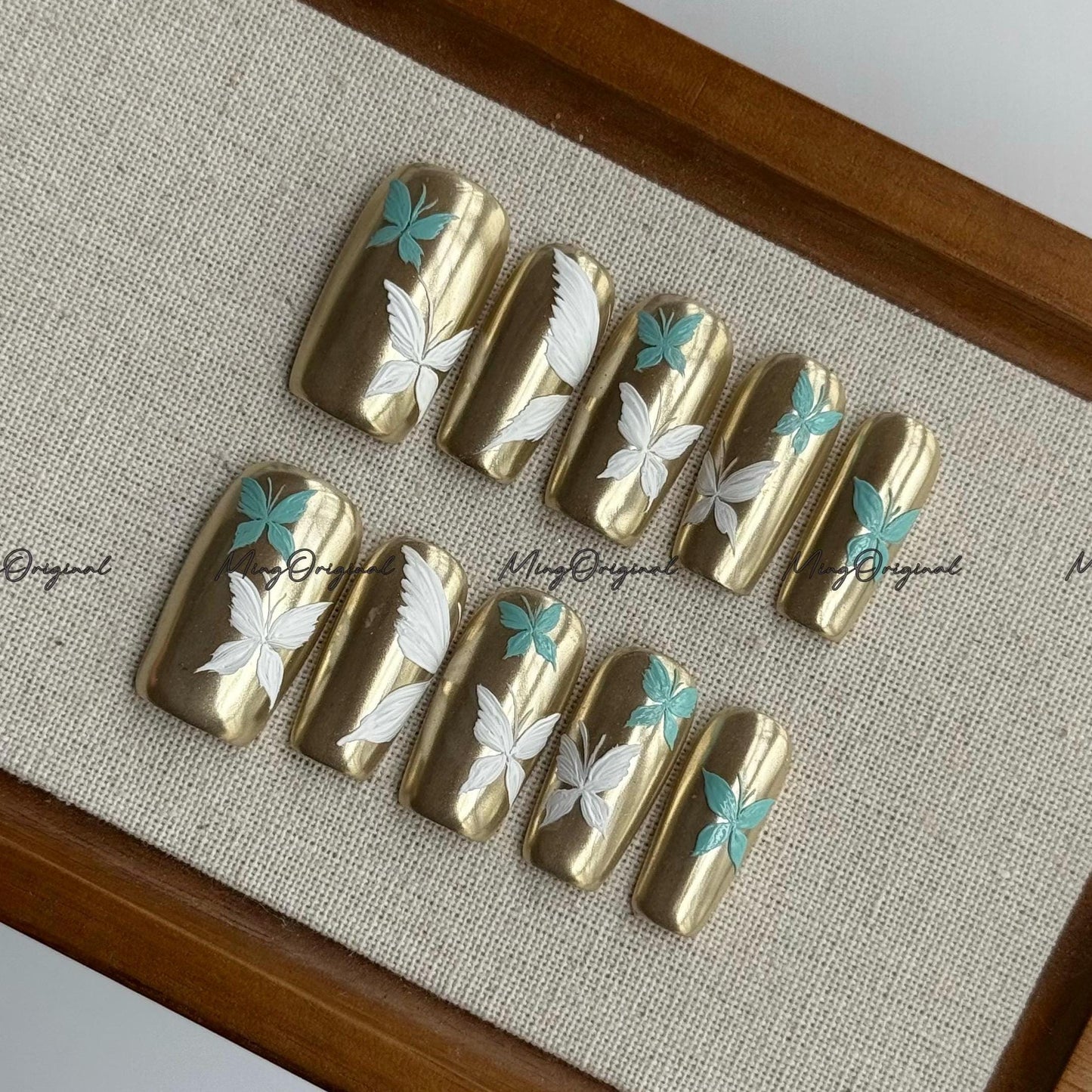 Gilded Wings | gold and teal butterfly press on nails, Gold Mirror Chrome, hand-painted nail art, elegant design, MO698