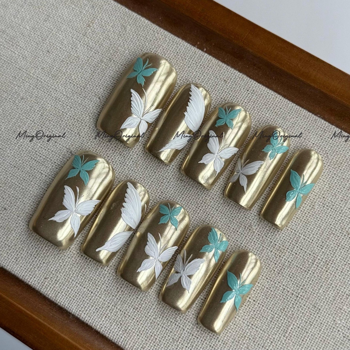 Gilded Wings | gold and teal butterfly press on nails, Gold Mirror Chrome, hand-painted nail art, elegant design, MO698