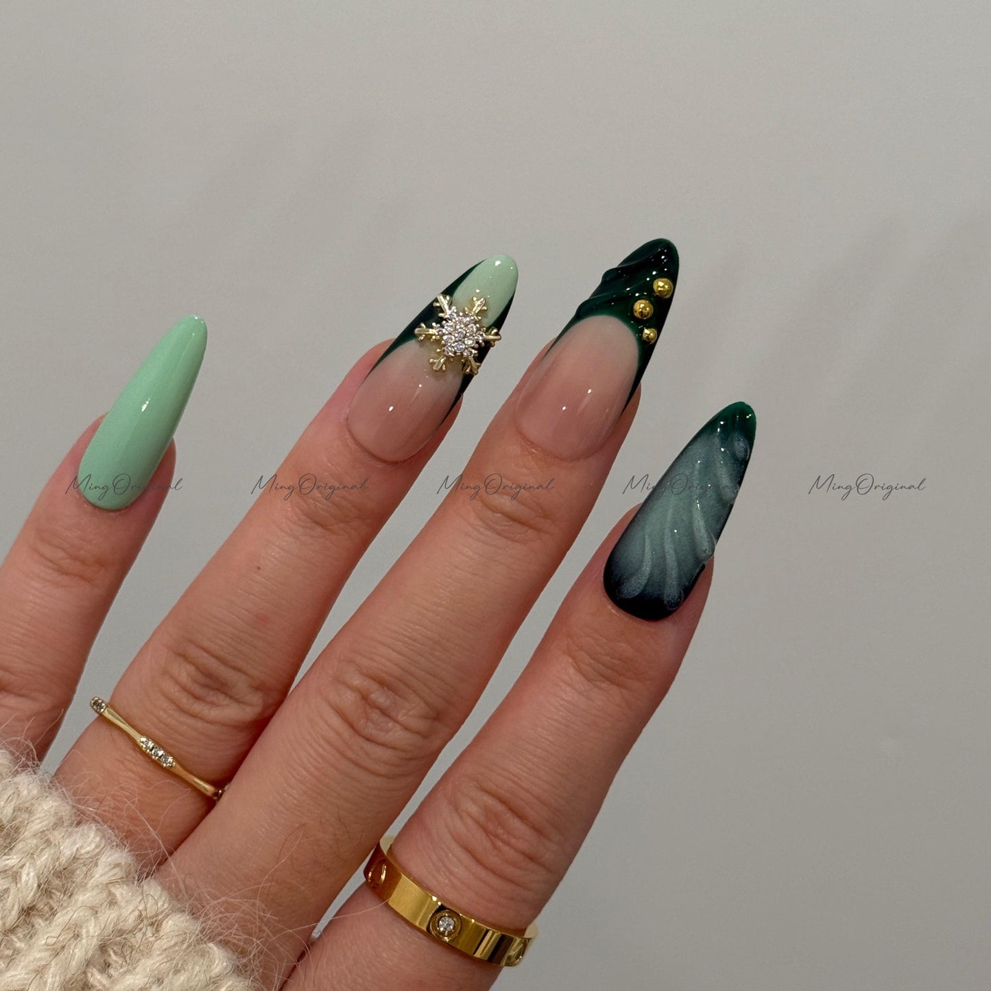 Green press-on nails, mint and nude nail art, gold snowflake rhinestones, winter holiday manicure, handmade gift for her, MO723