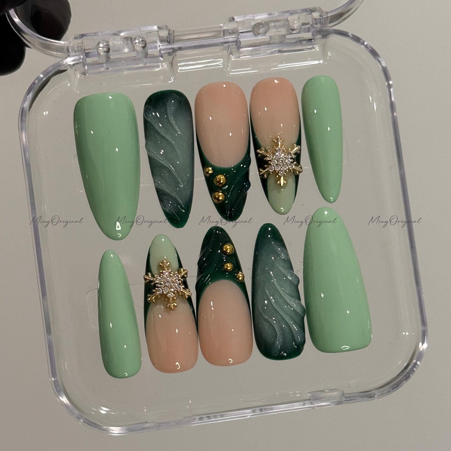 Green press-on nails, mint and nude nail art, gold snowflake rhinestones, winter holiday manicure, handmade gift for her, MO723
