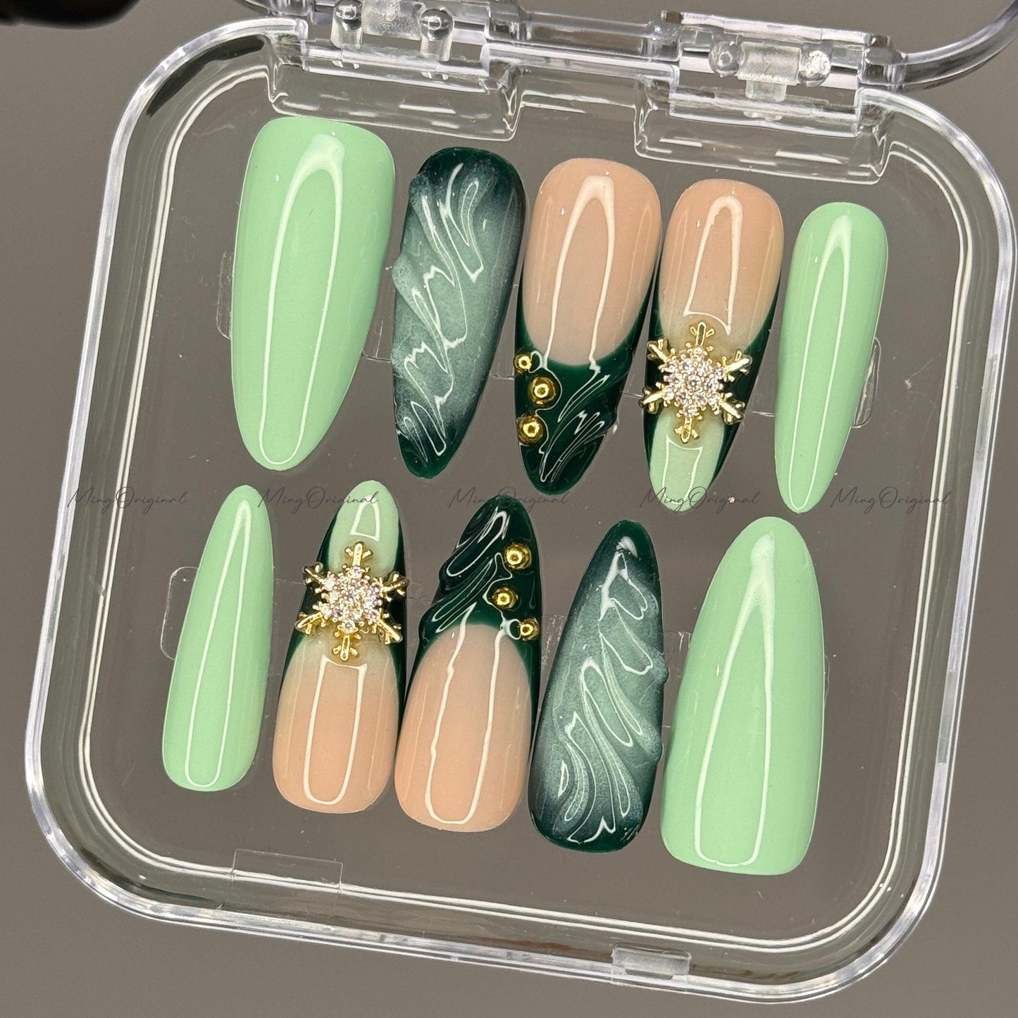 Green press-on nails, mint and nude nail art, gold snowflake rhinestones, winter holiday manicure, handmade gift for her, MO723