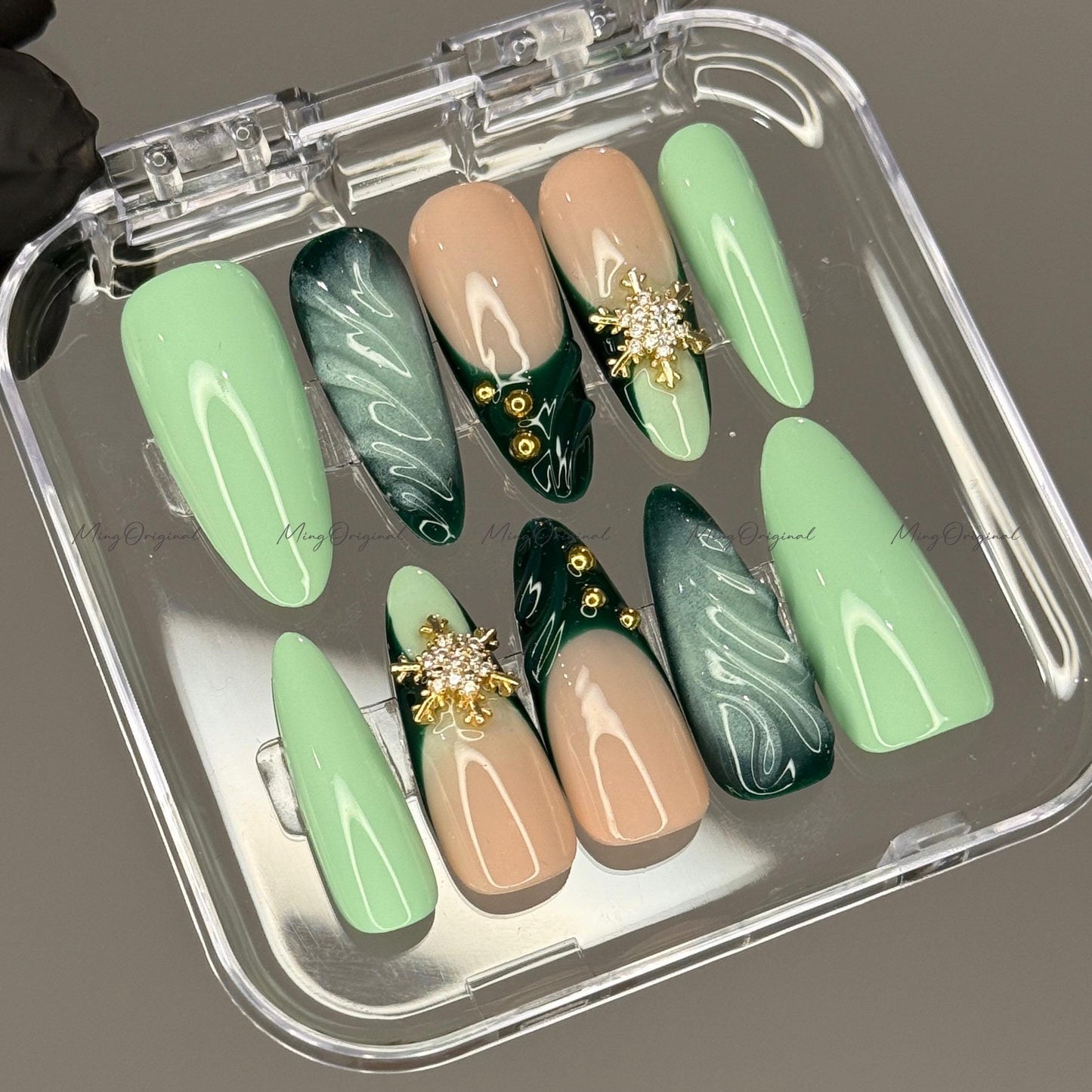 Green press-on nails, mint and nude nail art, gold snowflake rhinestones, winter holiday manicure, handmade gift for her, MO723