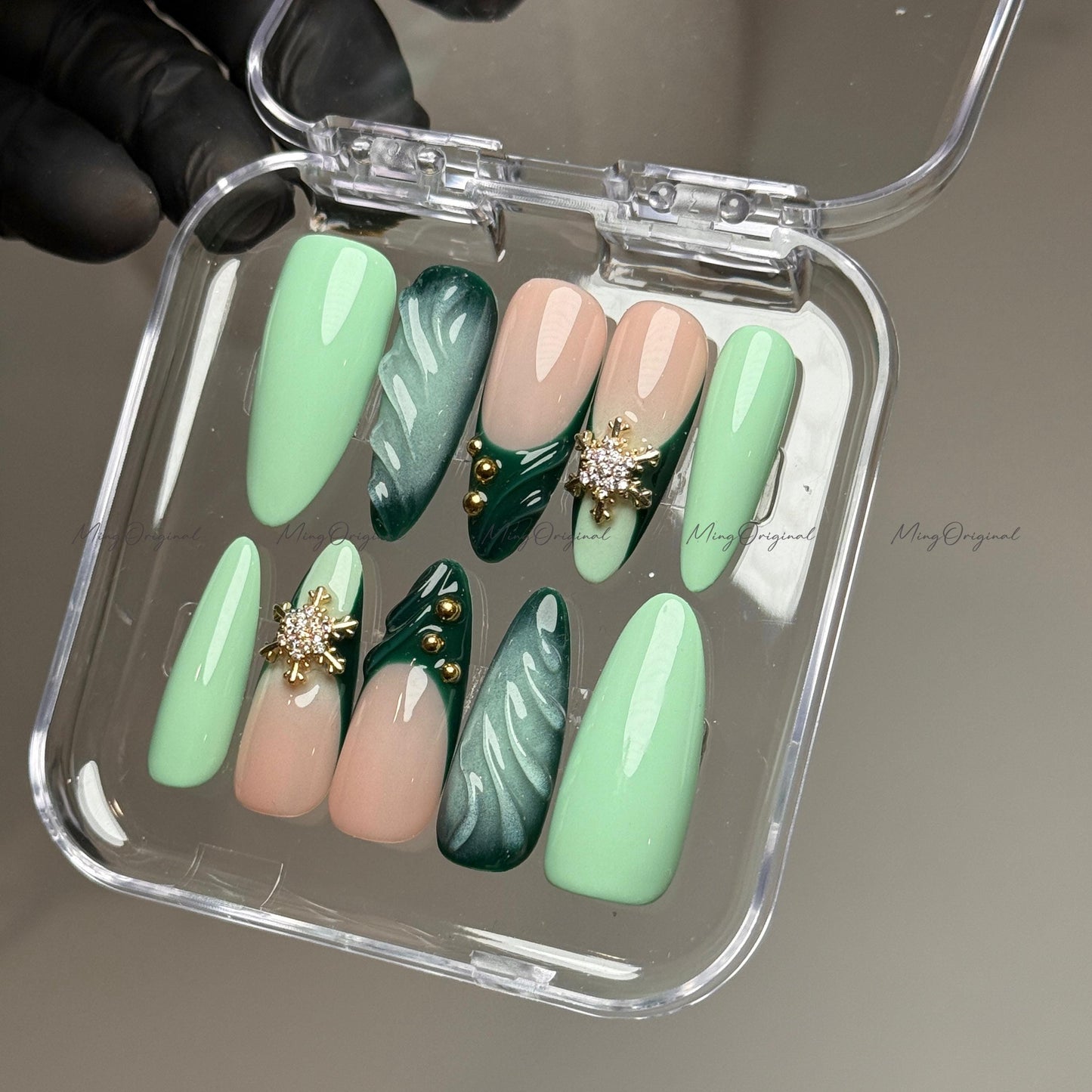Green press-on nails, mint and nude nail art, gold snowflake rhinestones, winter holiday manicure, handmade gift for her, MO723