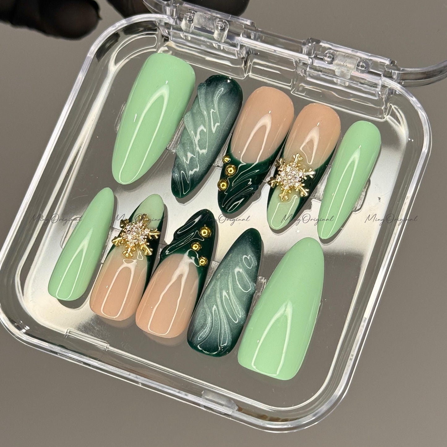 Green press-on nails, mint and nude nail art, gold snowflake rhinestones, winter holiday manicure, handmade gift for her, MO723