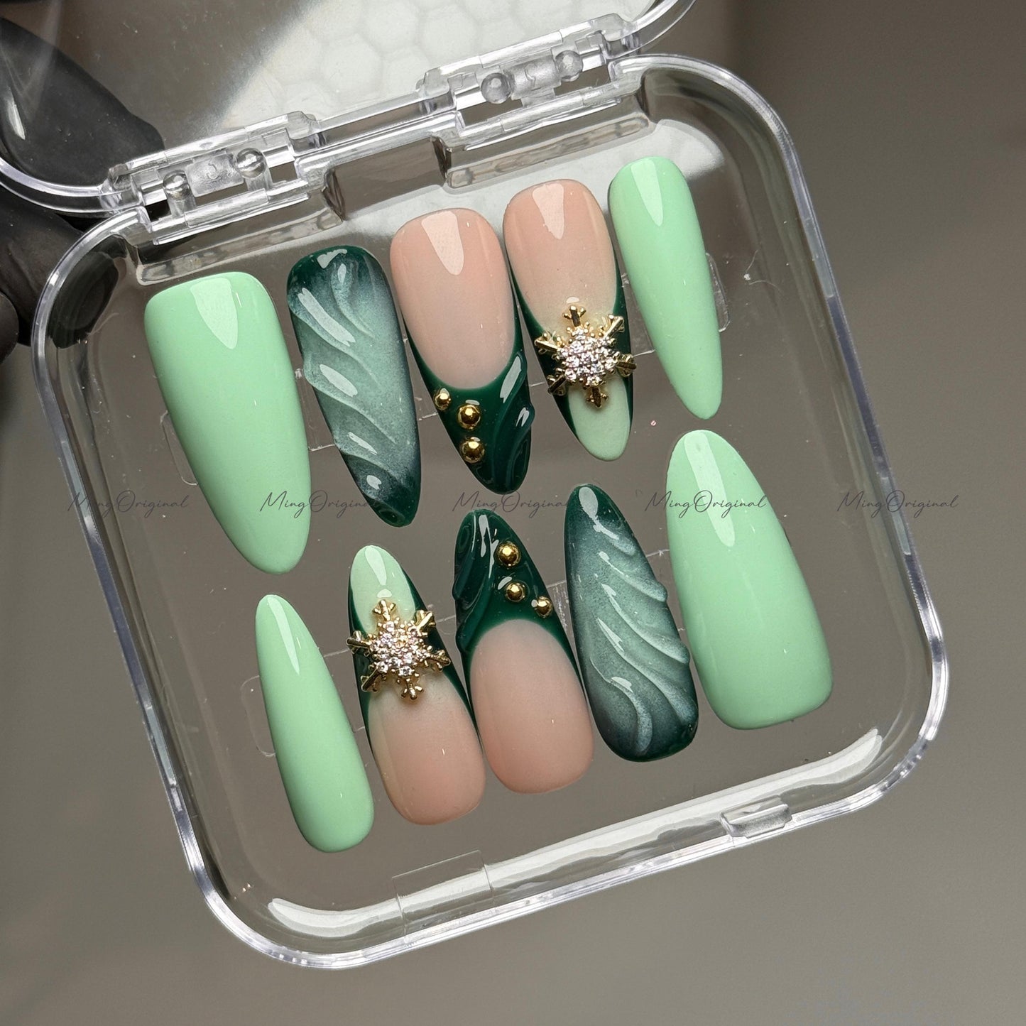 Green press-on nails, mint and nude nail art, gold snowflake rhinestones, winter holiday manicure, handmade gift for her, MO723