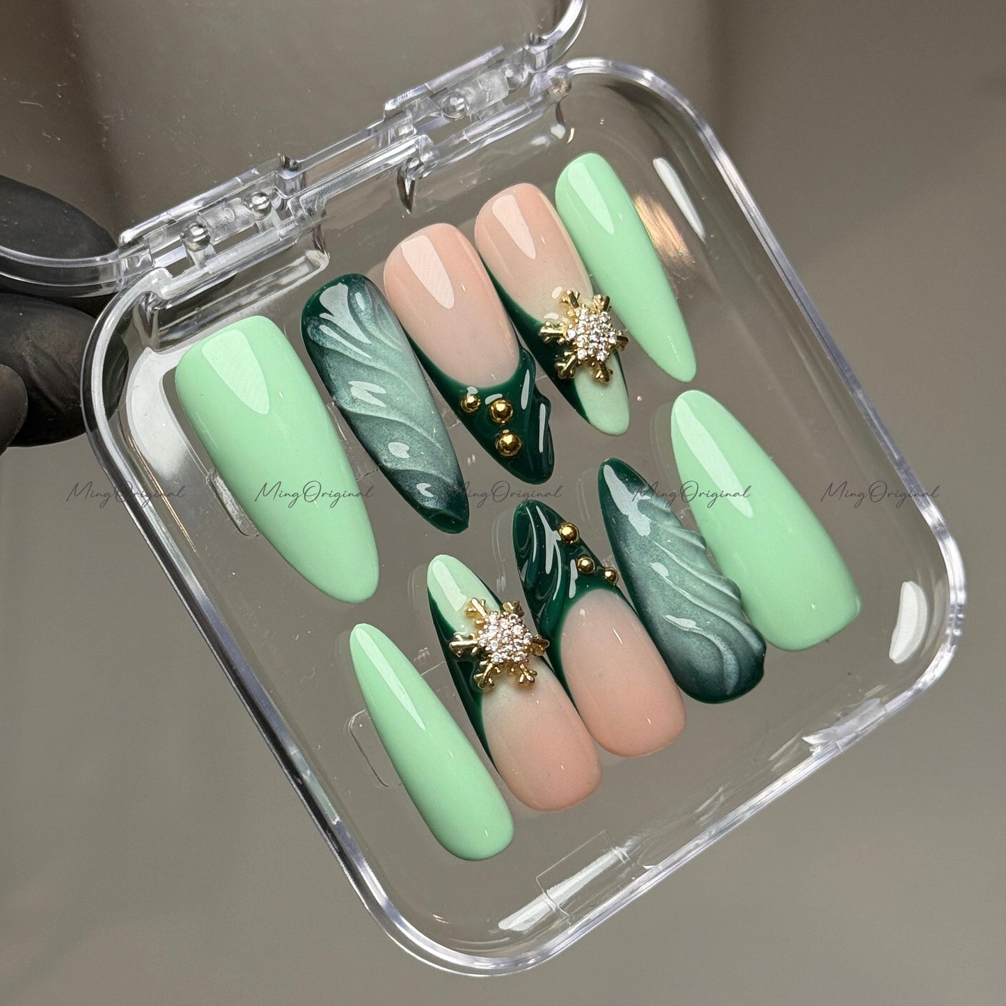 Green press-on nails, mint and nude nail art, gold snowflake rhinestones, winter holiday manicure, handmade gift for her, MO723