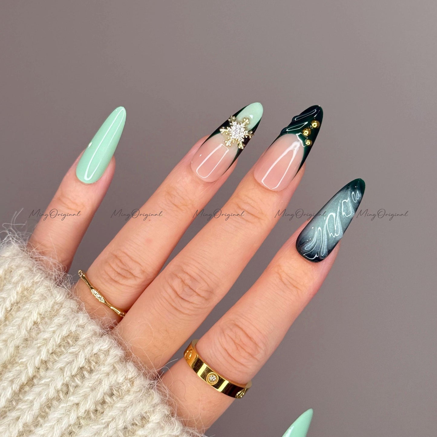Green press-on nails, mint and nude nail art, gold snowflake rhinestones, winter holiday manicure, handmade gift for her, MO723