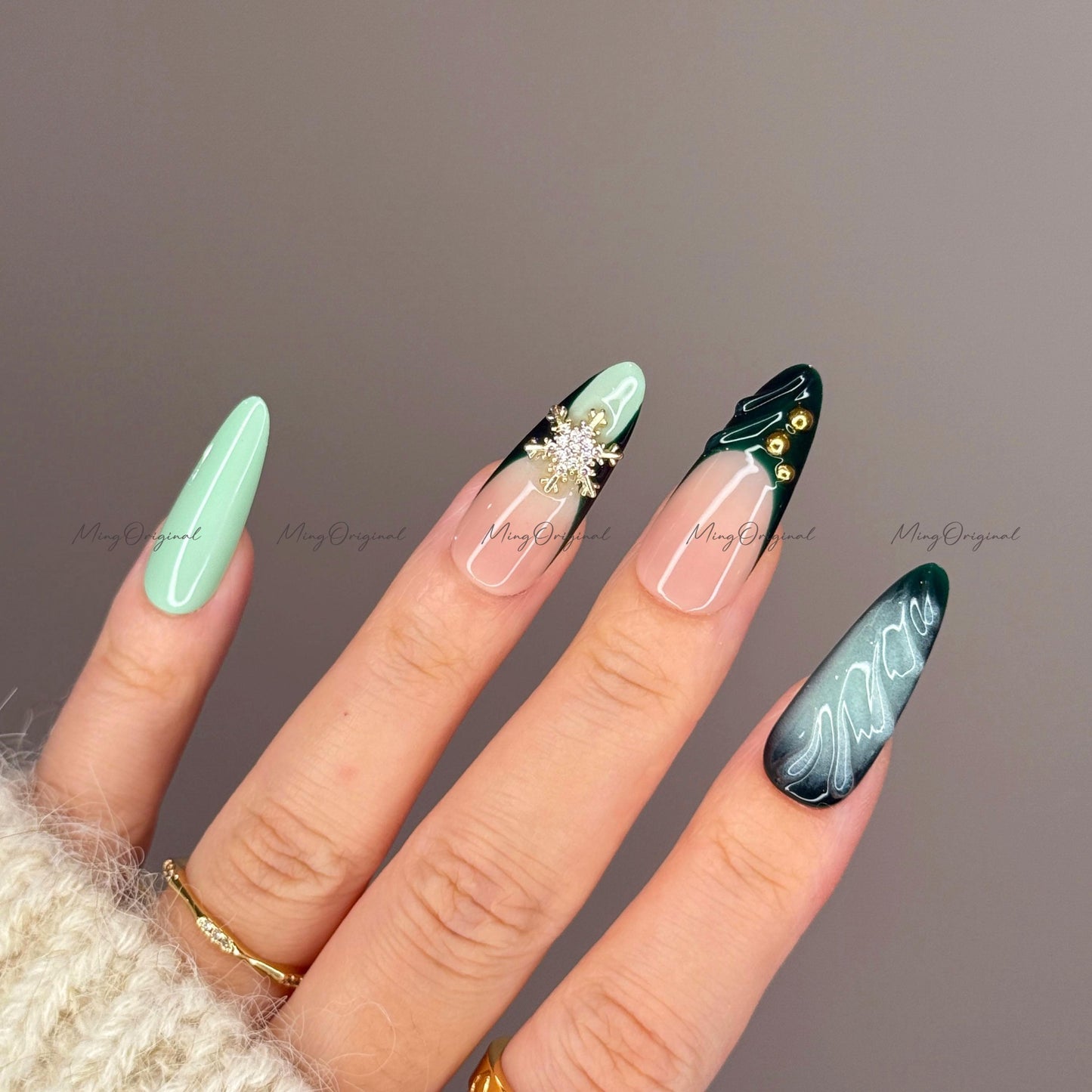 Green press-on nails, mint and nude nail art, gold snowflake rhinestones, winter holiday manicure, handmade gift for her, MO723