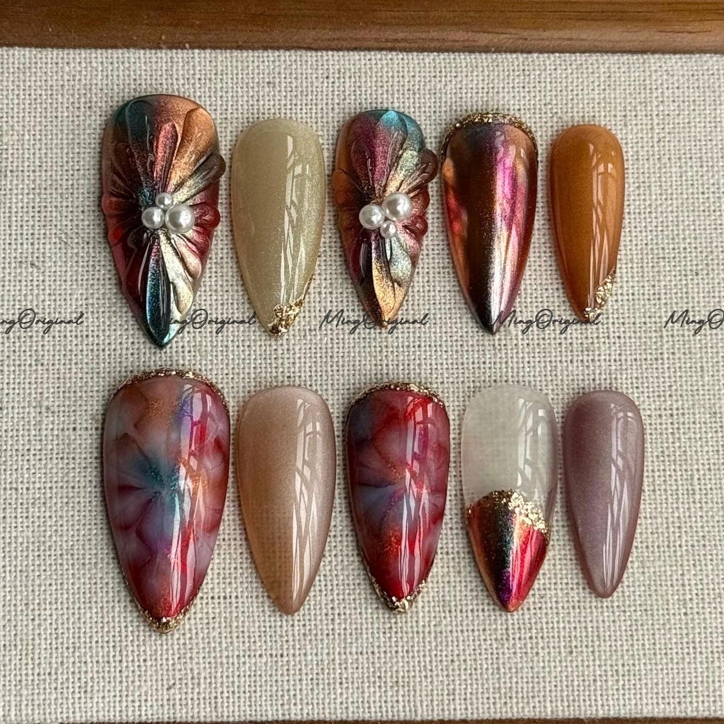 Metallic Red and Gold Nails, Pearl Accent Press On Nails, Cozy Winter Nail Set, Iridescent Chrome Nails, Elegant Winter Nail, MO699
