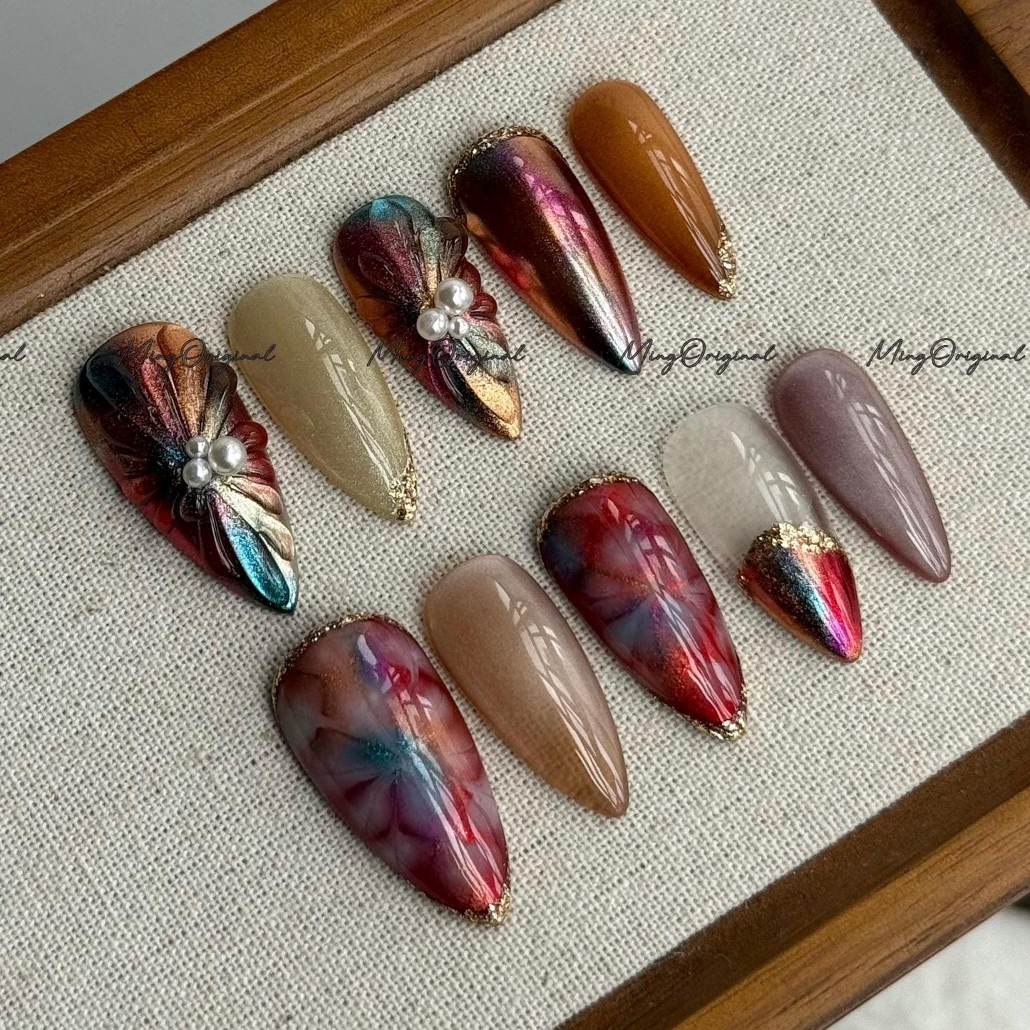 Metallic Red and Gold Nails, Pearl Accent Press On Nails, Cozy Winter Nail Set, Iridescent Chrome Nails, Elegant Winter Nail, MO699