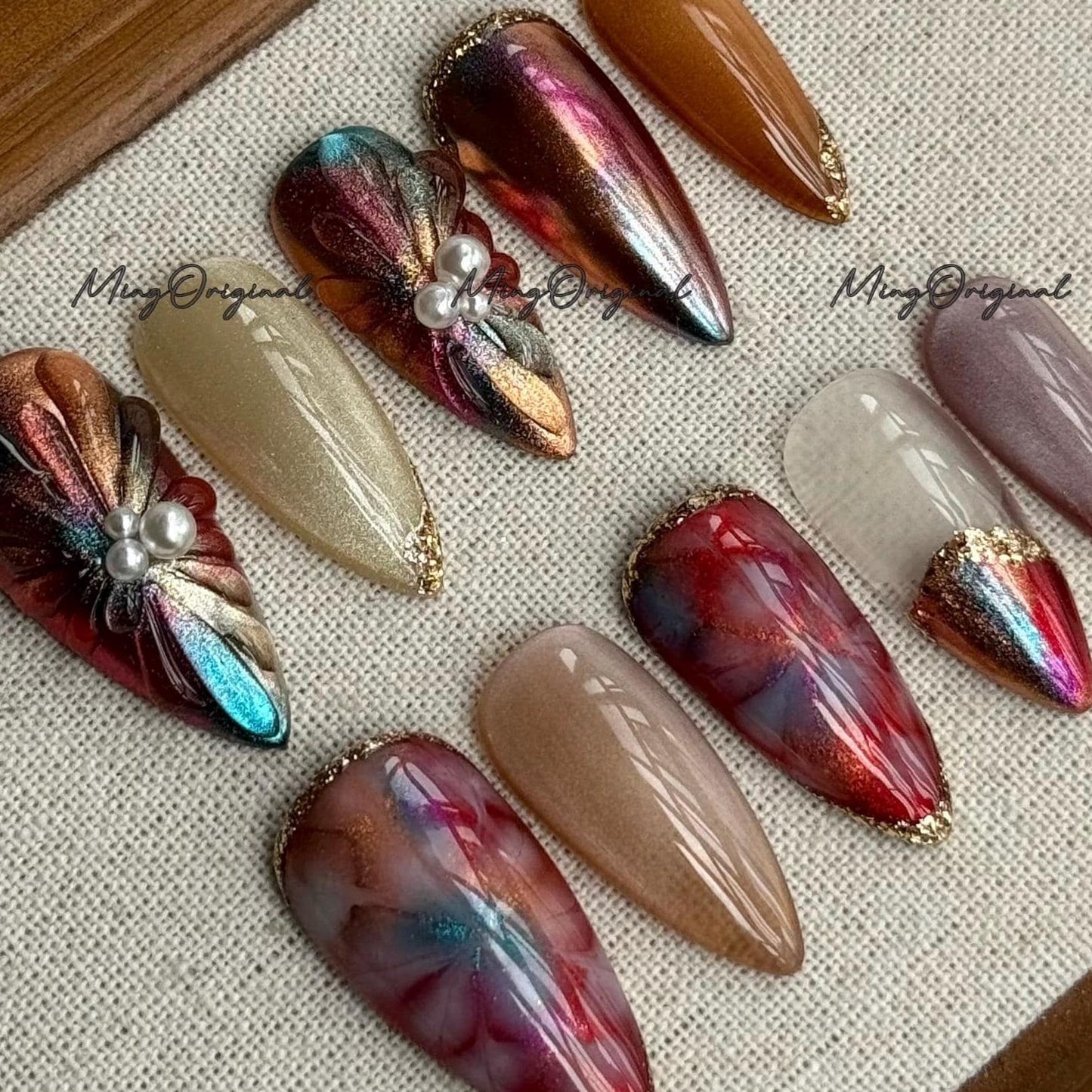 Metallic Red and Gold Nails, Pearl Accent Press On Nails, Cozy Winter Nail Set, Iridescent Chrome Nails, Elegant Winter Nail, MO699
