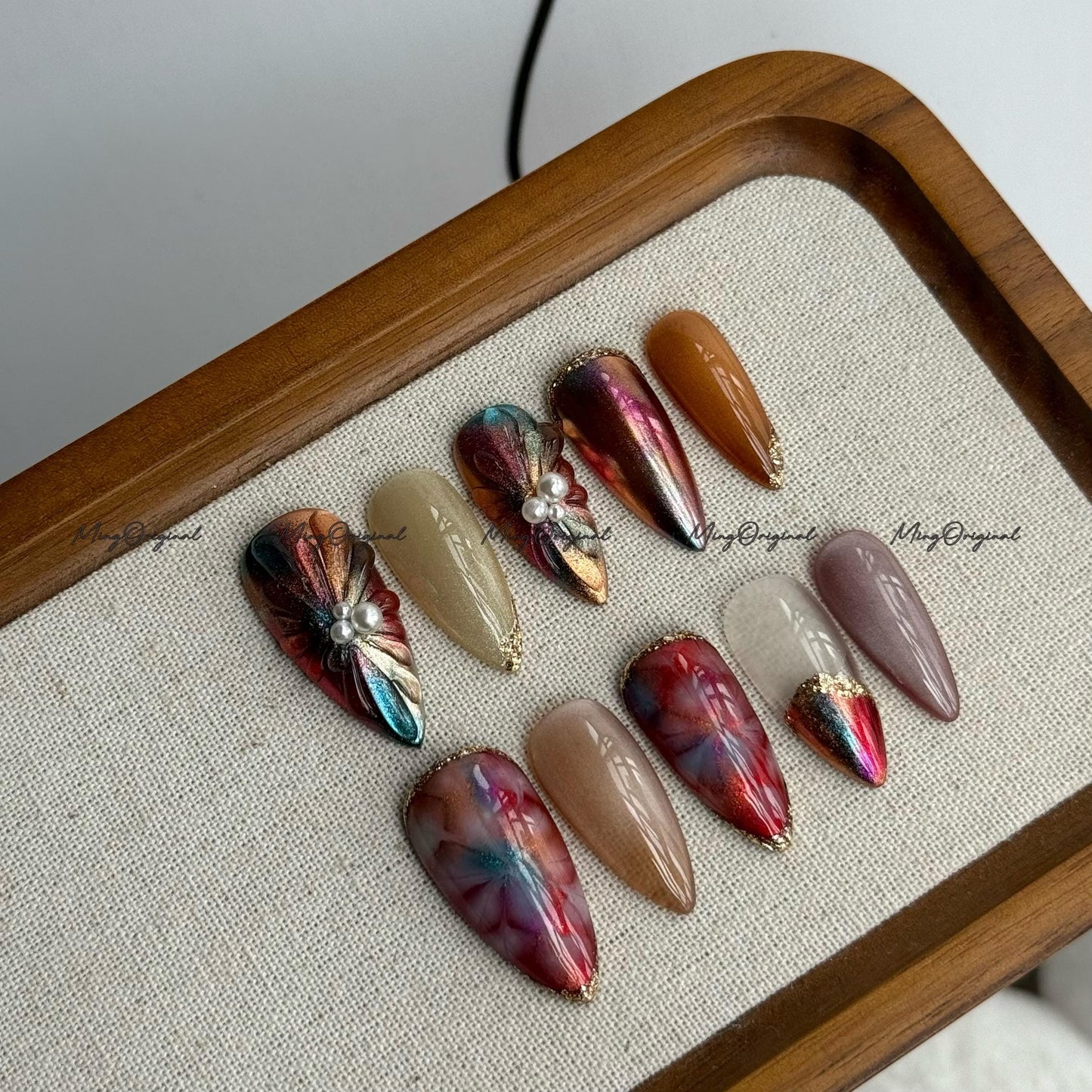 Metallic Red and Gold Nails, Pearl Accent Press On Nails, Cozy Winter Nail Set, Iridescent Chrome Nails, Elegant Winter Nail, MO699
