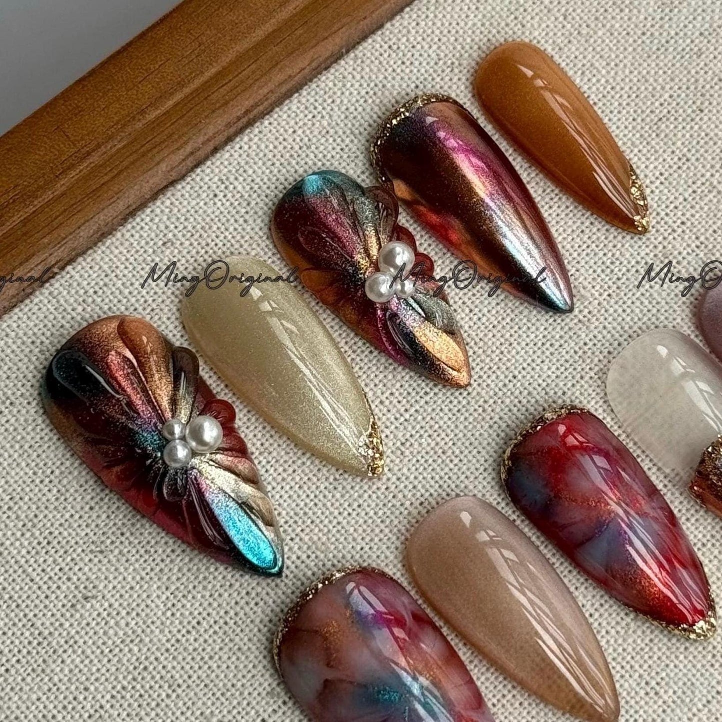 Metallic Red and Gold Nails, Pearl Accent Press On Nails, Cozy Winter Nail Set, Iridescent Chrome Nails, Elegant Winter Nail, MO699