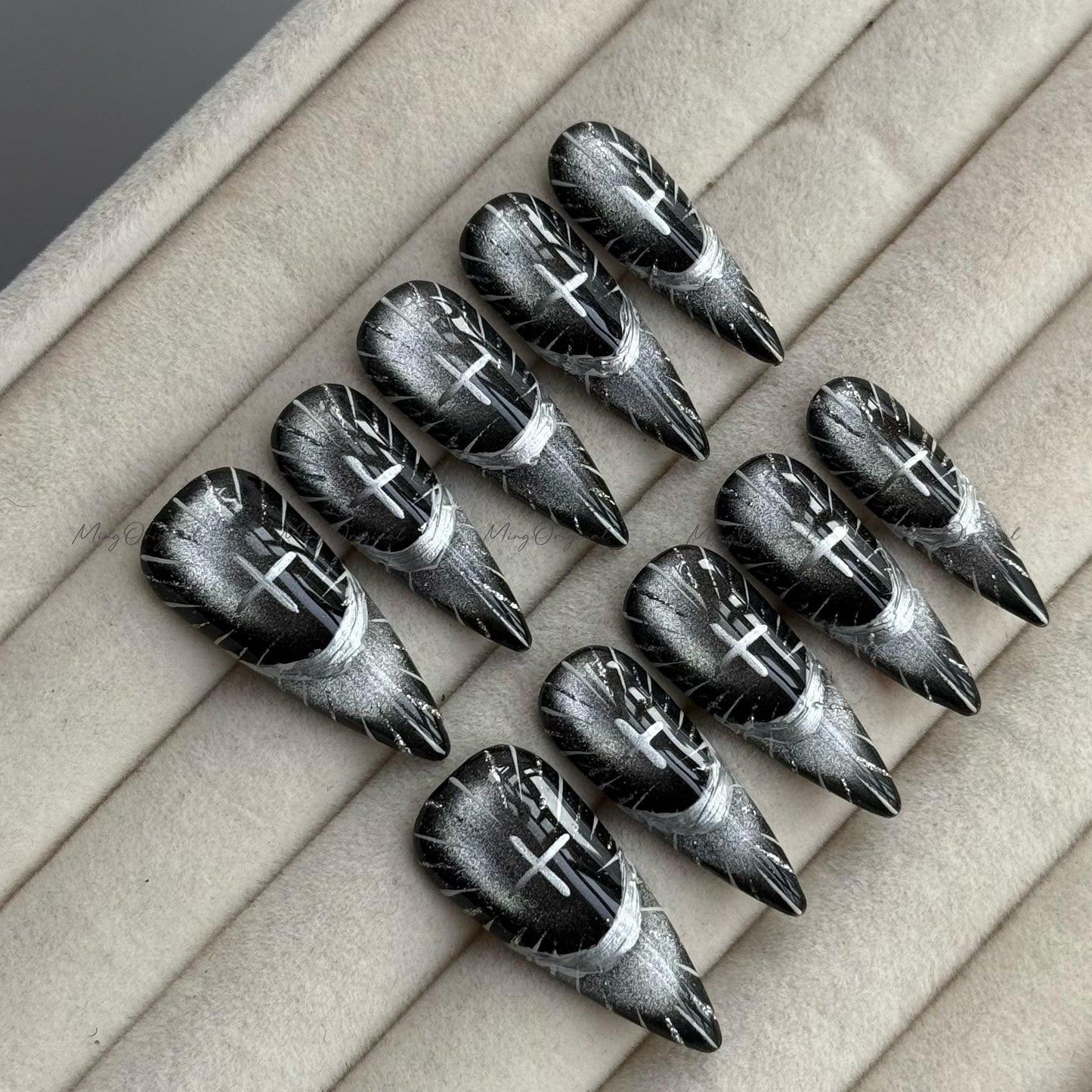 Divine Radiance Christmas press-on nails, black silver sunburst nail art, celestial cross design, handmade elegant nail, gift for her,MO725