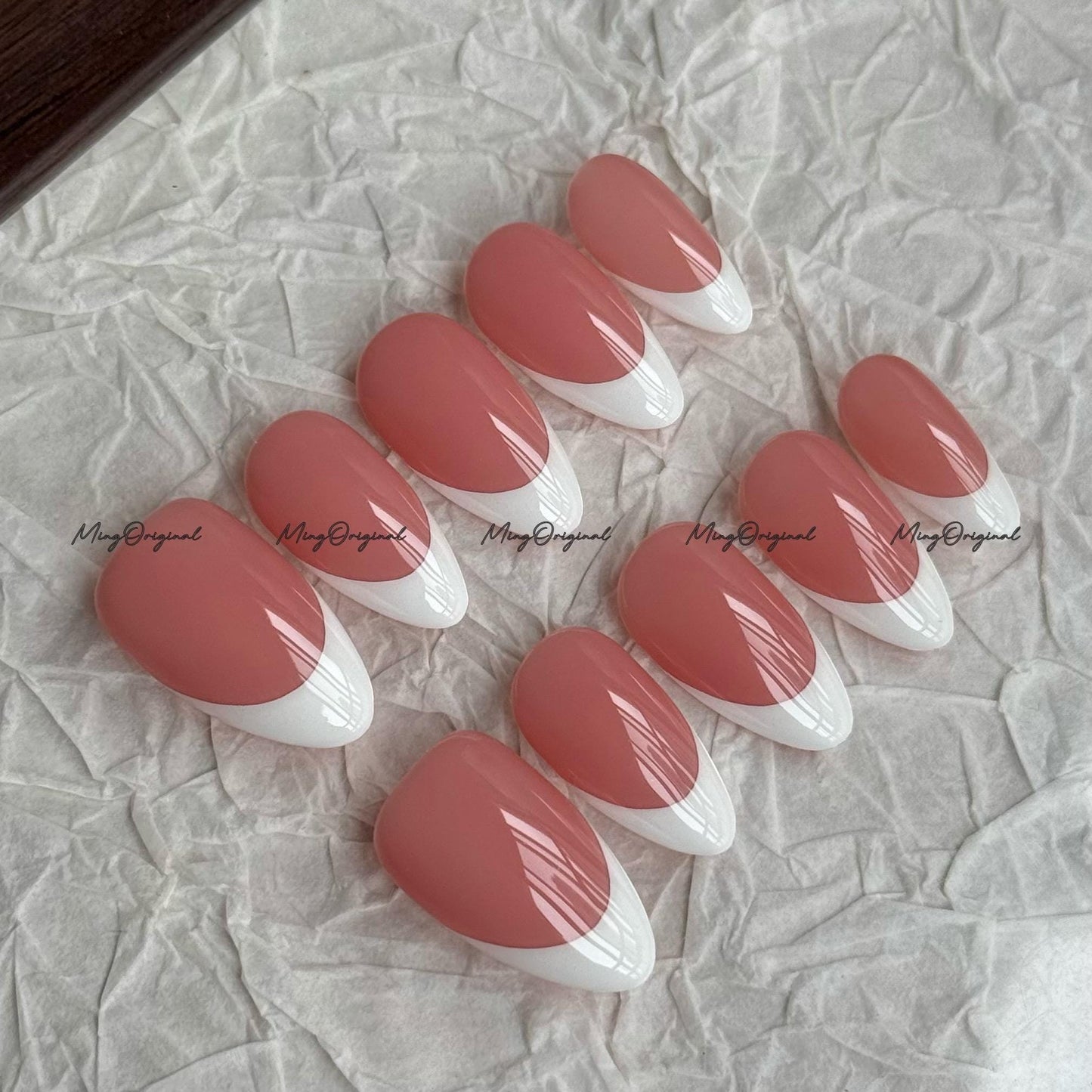 Classic white french tip natural press on nail, French Collection, Fake nails, Handmade jelly nail, nude and soft pastel pink color, MO702