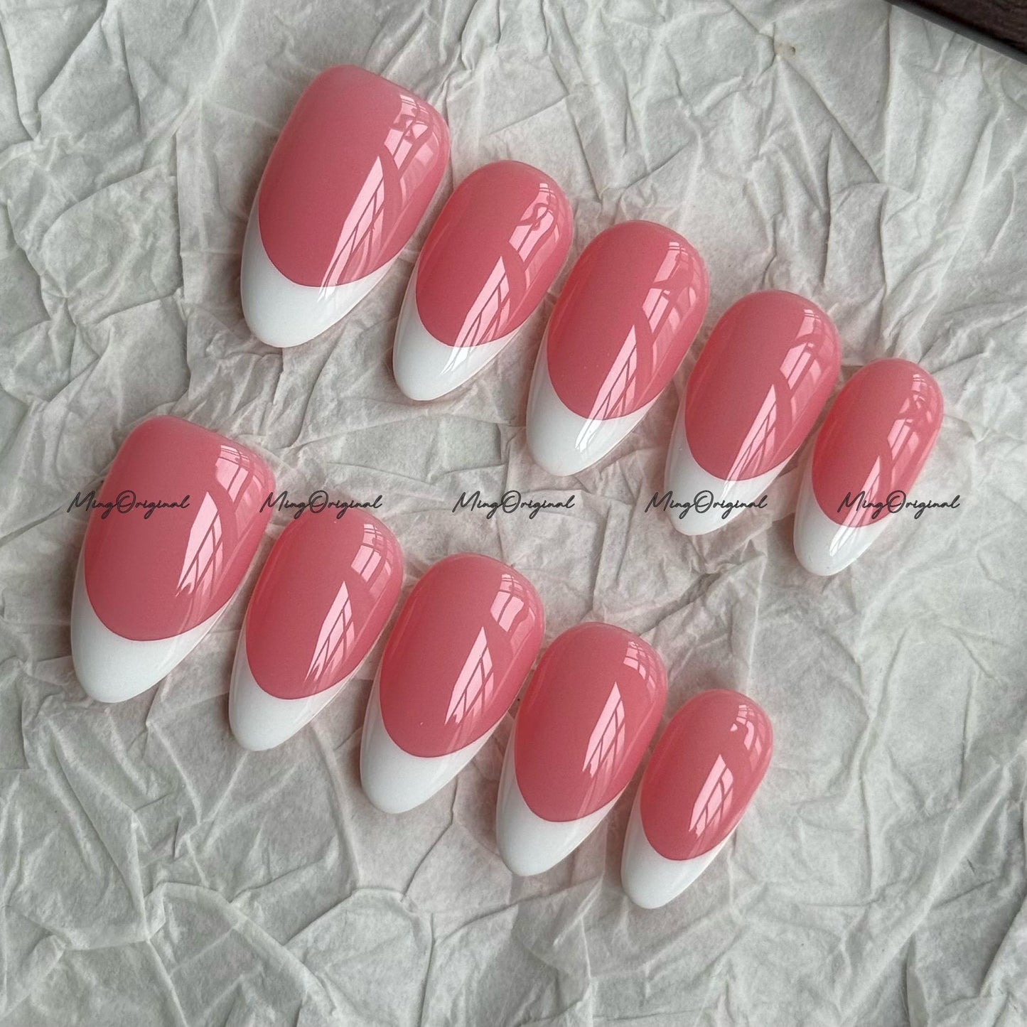 Classic white french tip natural press on nail, French Collection, Fake nails, Handmade jelly nail, nude and soft pastel pink color, MO702