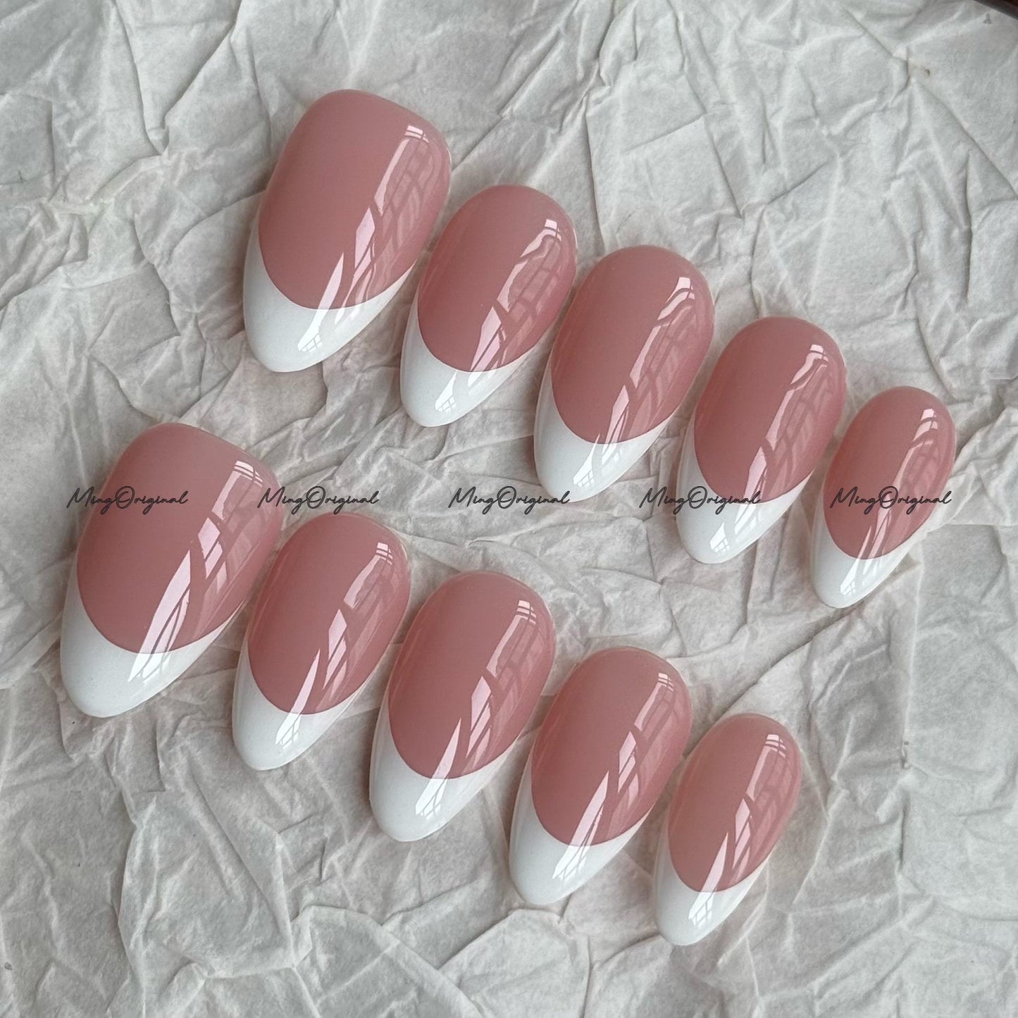 Classic white french tip natural press on nail, French Collection, Fake nails, Handmade jelly nail, nude and soft pastel pink color, MO702