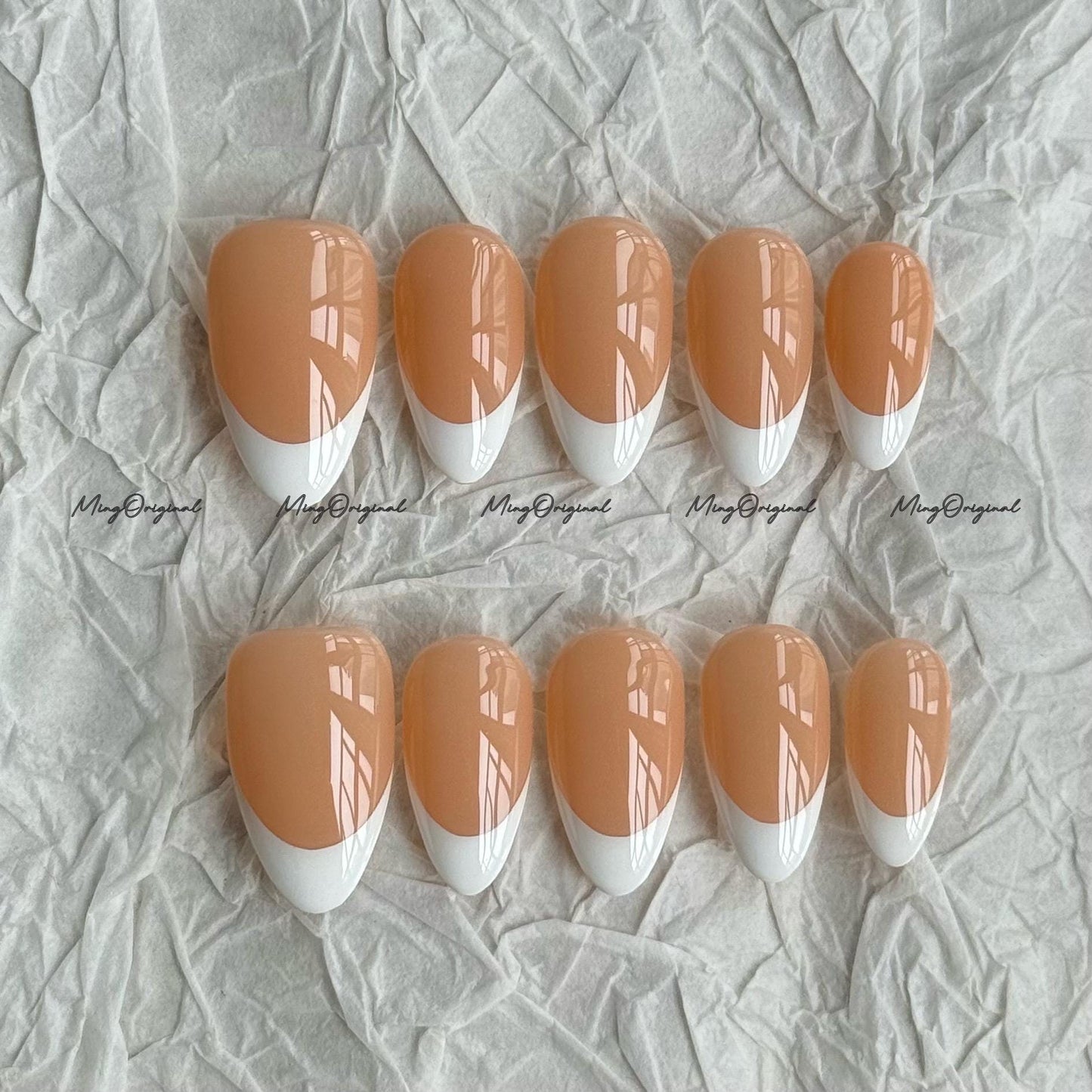 Classic white french tip natural press on nail, French Collection, Fake nails, Handmade jelly nail, nude and soft pastel pink color, MO702