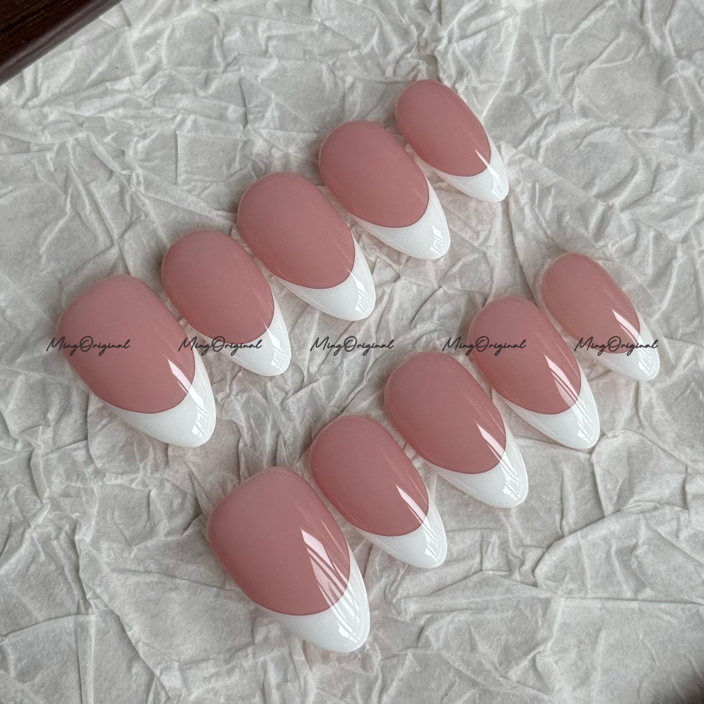 Classic white french tip natural press on nail, French Collection, Fake nails, Handmade jelly nail, nude and soft pastel pink color, MO702