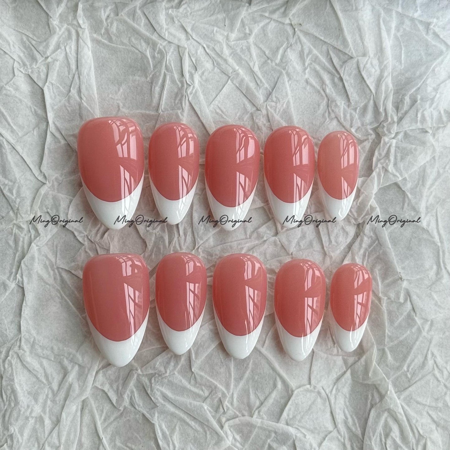 Classic white french tip natural press on nail, French Collection, Fake nails, Handmade jelly nail, nude and soft pastel pink color, MO702