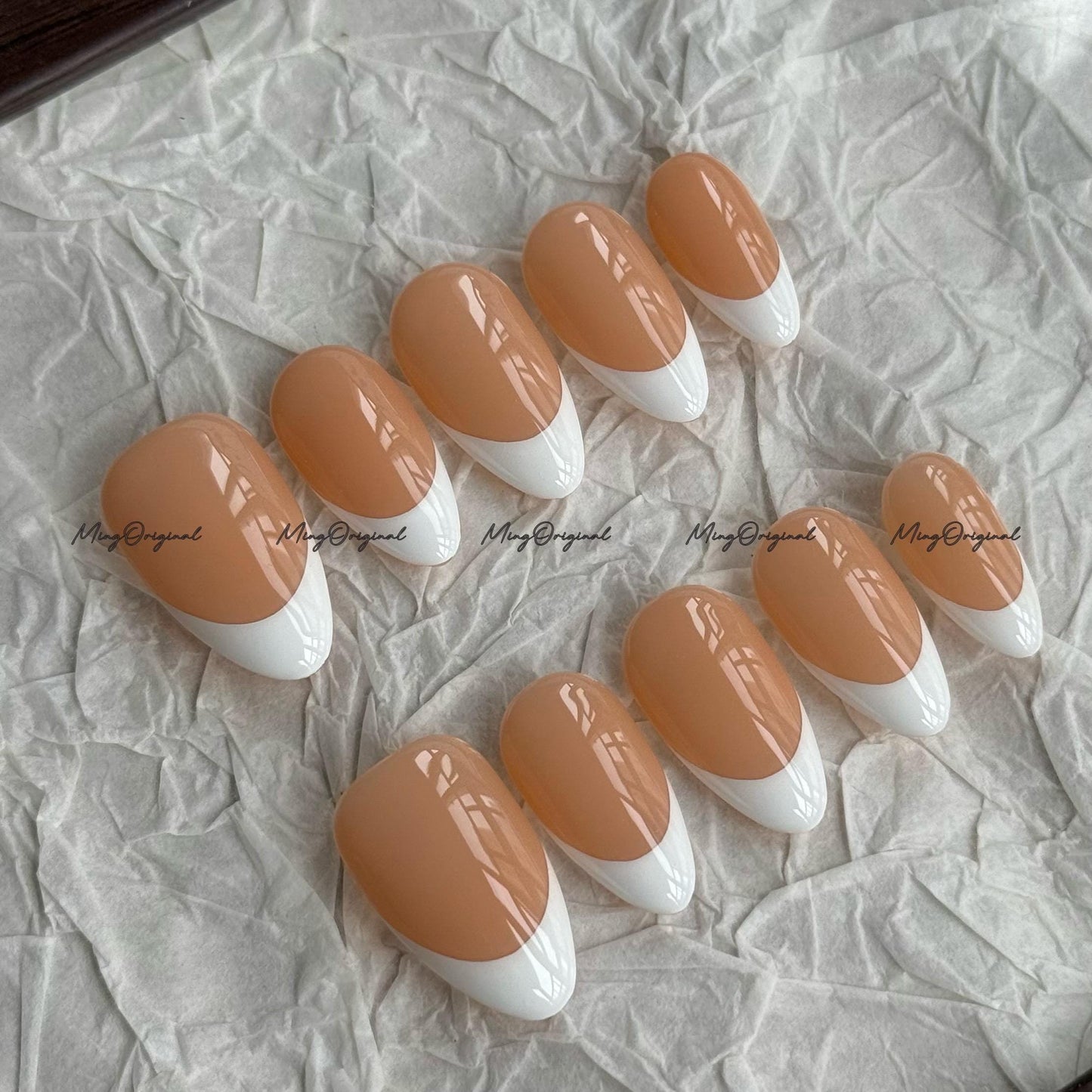 Classic white french tip natural press on nail, French Collection, Fake nails, Handmade jelly nail, nude and soft pastel pink color, MO702