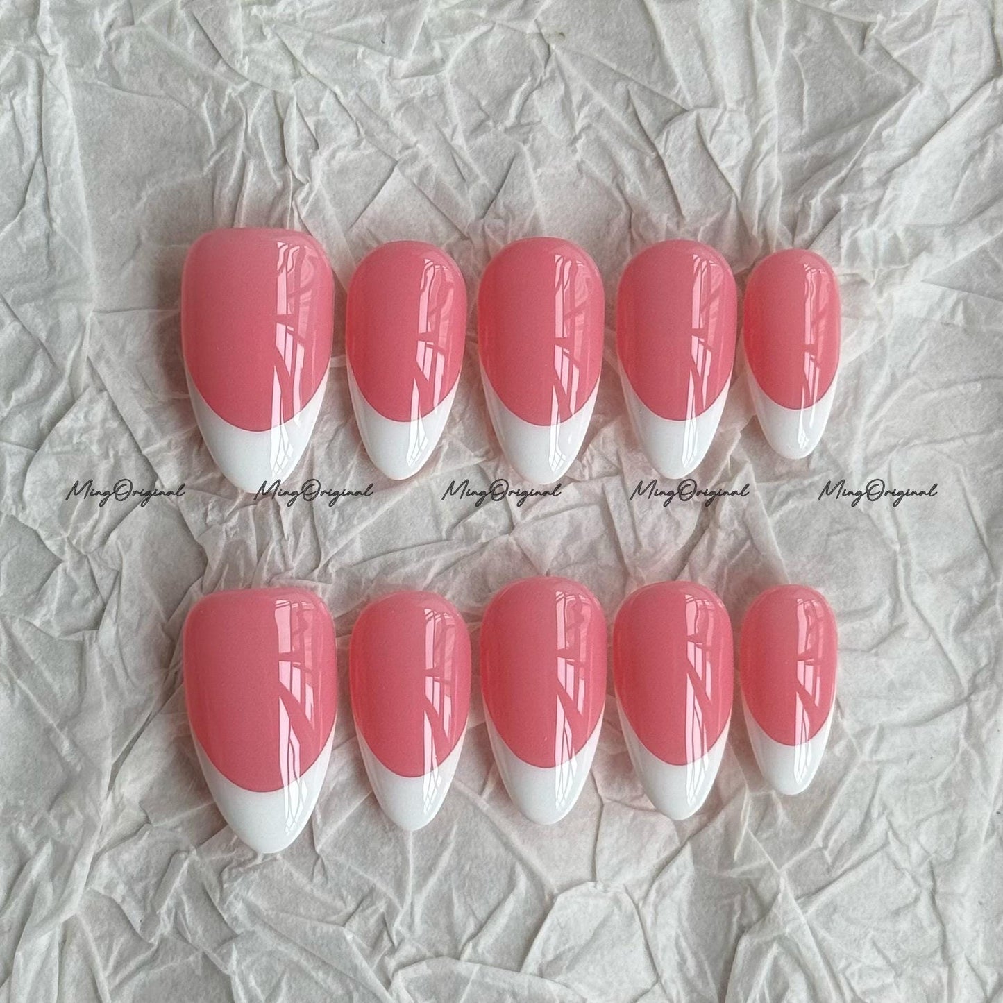 Classic white french tip natural press on nail, French Collection, Fake nails, Handmade jelly nail, nude and soft pastel pink color, MO702