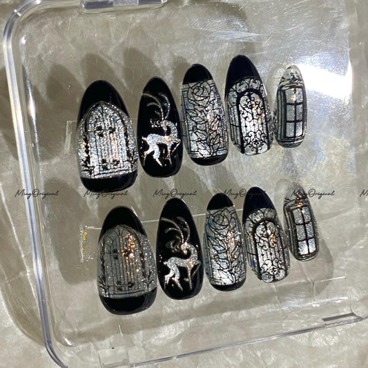 Christmas Black Stained Glass Window Glittery press on nails, Sparkling Cat Eye, Retro Shadow Deer hand painted nail, gift for her, MO703