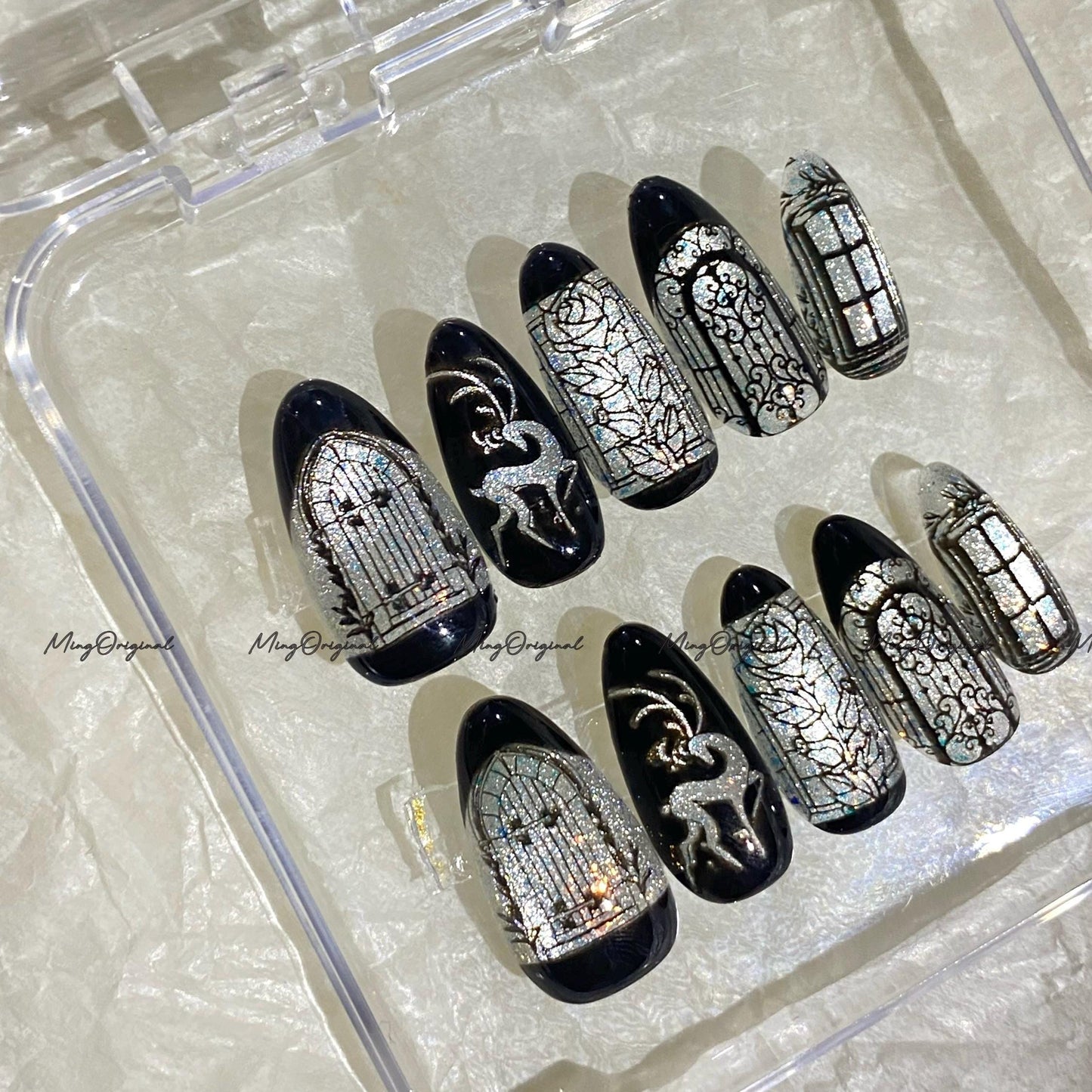 Christmas Black Stained Glass Window Glittery press on nails, Sparkling Cat Eye, Retro Shadow Deer hand painted nail, gift for her, MO703