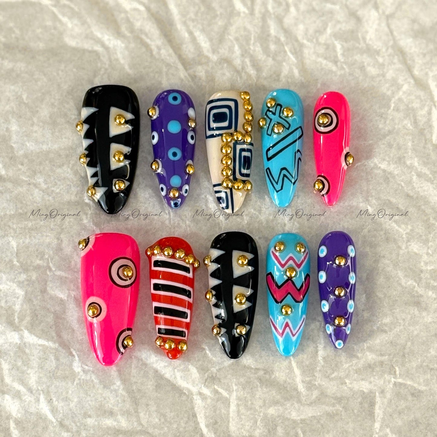 Bold Geometric Press-On Nails, Abstract Art Design with Gold Studs, Colorful Handmade Reusable Nails, statement nail, MO728