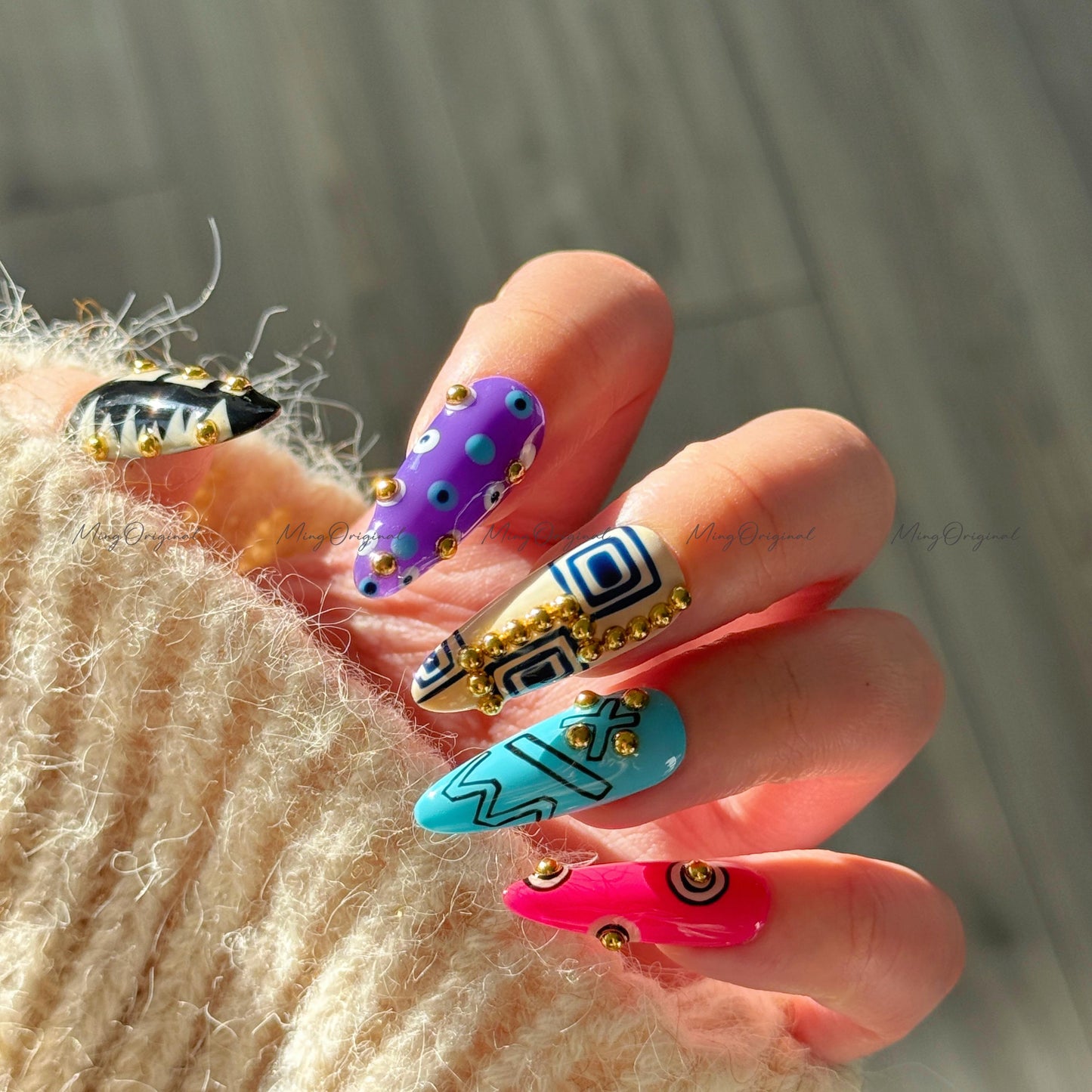 Bold Geometric Press-On Nails, Abstract Art Design with Gold Studs, Colorful Handmade Reusable Nails, statement nail, MO728