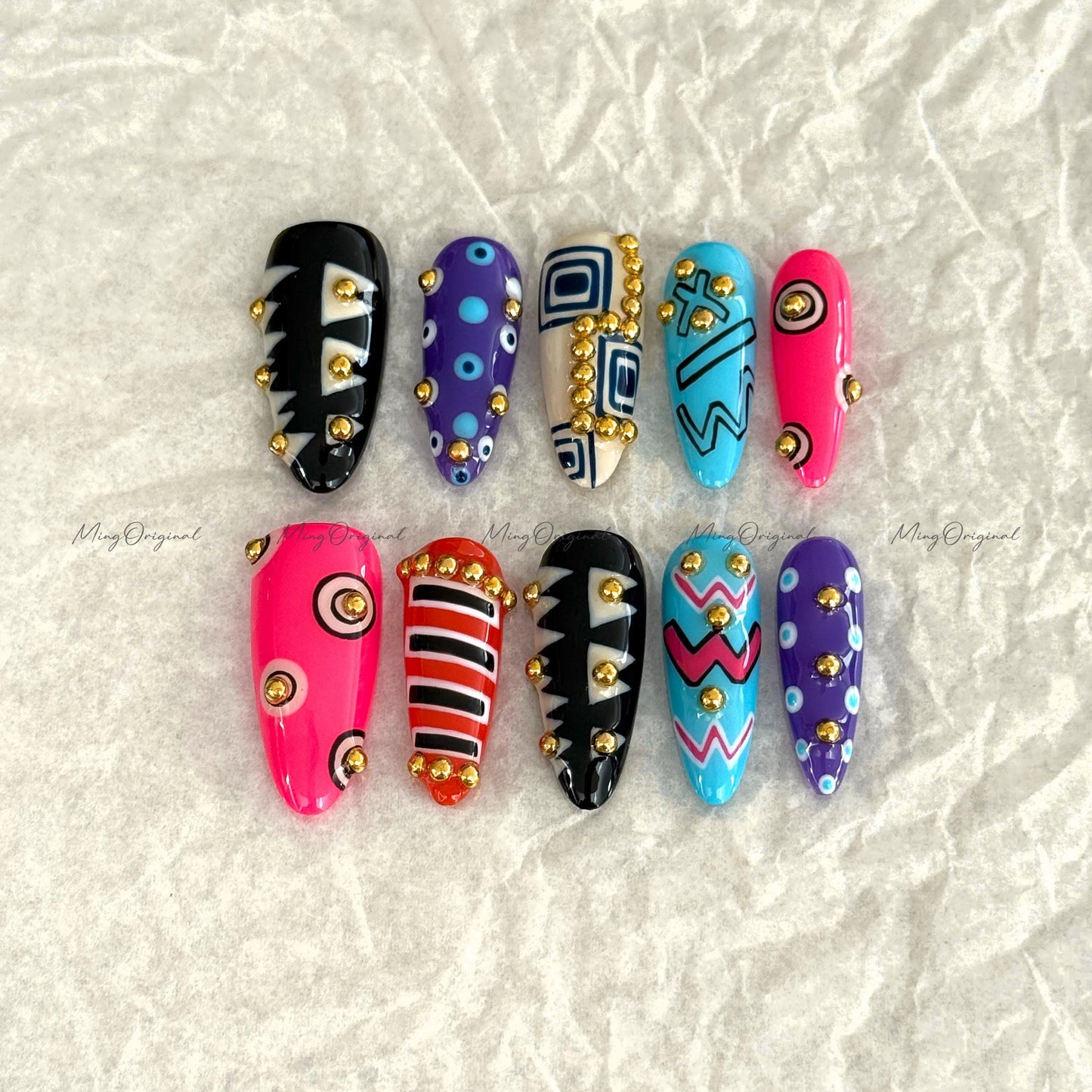 Bold Geometric Press-On Nails, Abstract Art Design with Gold Studs, Colorful Handmade Reusable Nails, statement nail, MO728
