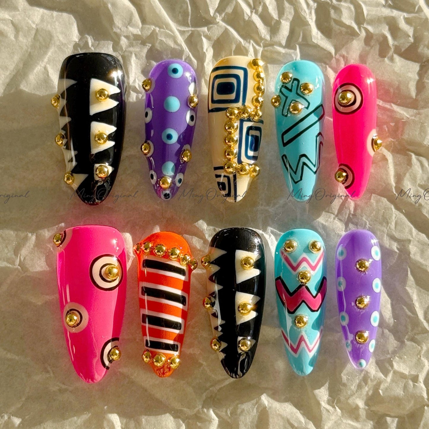Bold Geometric Press-On Nails, Abstract Art Design with Gold Studs, Colorful Handmade Reusable Nails, statement nail, MO728