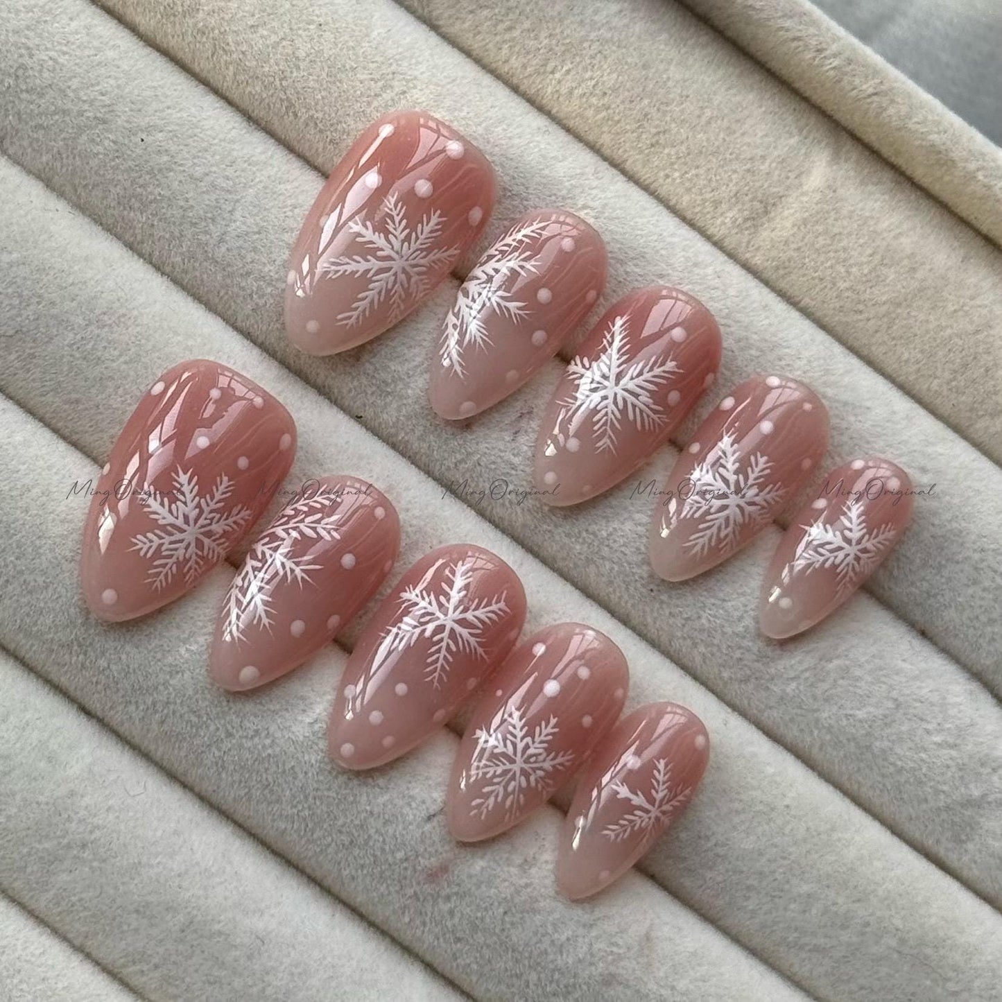 Snowflake Press-On Nails, Pink Ombre Winter Nail Art Set, Handmade Almond False Nails for Christmas & Holiday Season, gift for her, MO729