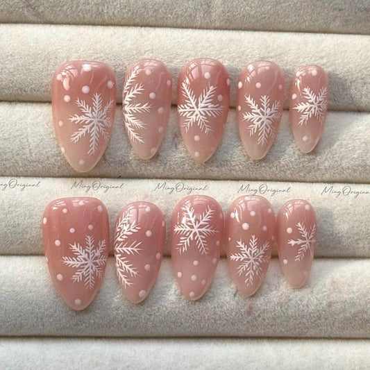 Snowflake Press-On Nails, Pink Ombre Winter Nail Art Set, Handmade Almond False Nails for Christmas & Holiday Season, gift for her, MO729